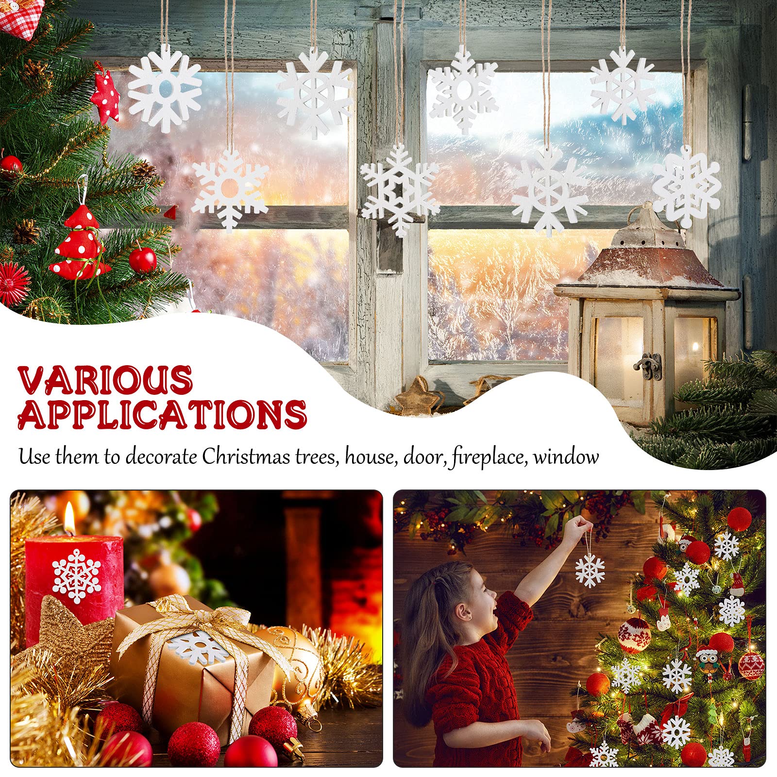 Lot de 100 décorations de Noël en bois brut en forme de flocon de neige à suspendre avec cordon pour décorations de sapin de Noël (blanc, 7,9 cm)