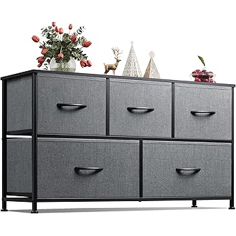 DWVO Dresser TV Stand, Fabric Dresser with 5 Drawers, Dresser for Bedroom, Wide Dresser, Storage Tower, Chest of Drawers for Closet, Living Room, Hallway, Dull Grey