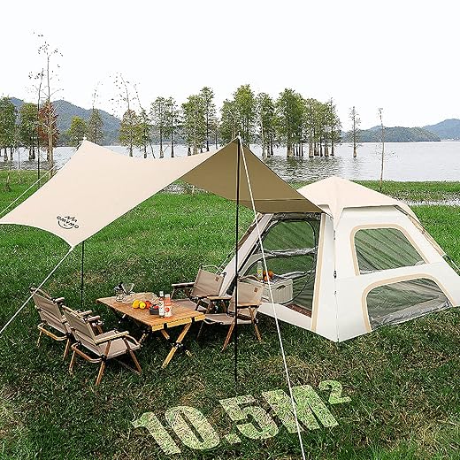 OMVMO 2-4 Person Pop Up Tent for Camping,Picnicing and Hiking Automatic Instant Setup,Includes Combinable Tarp for 113 sq ft. Spacious Shadow Area in Leisure Mode.Water-Resistant,Used for Shading.