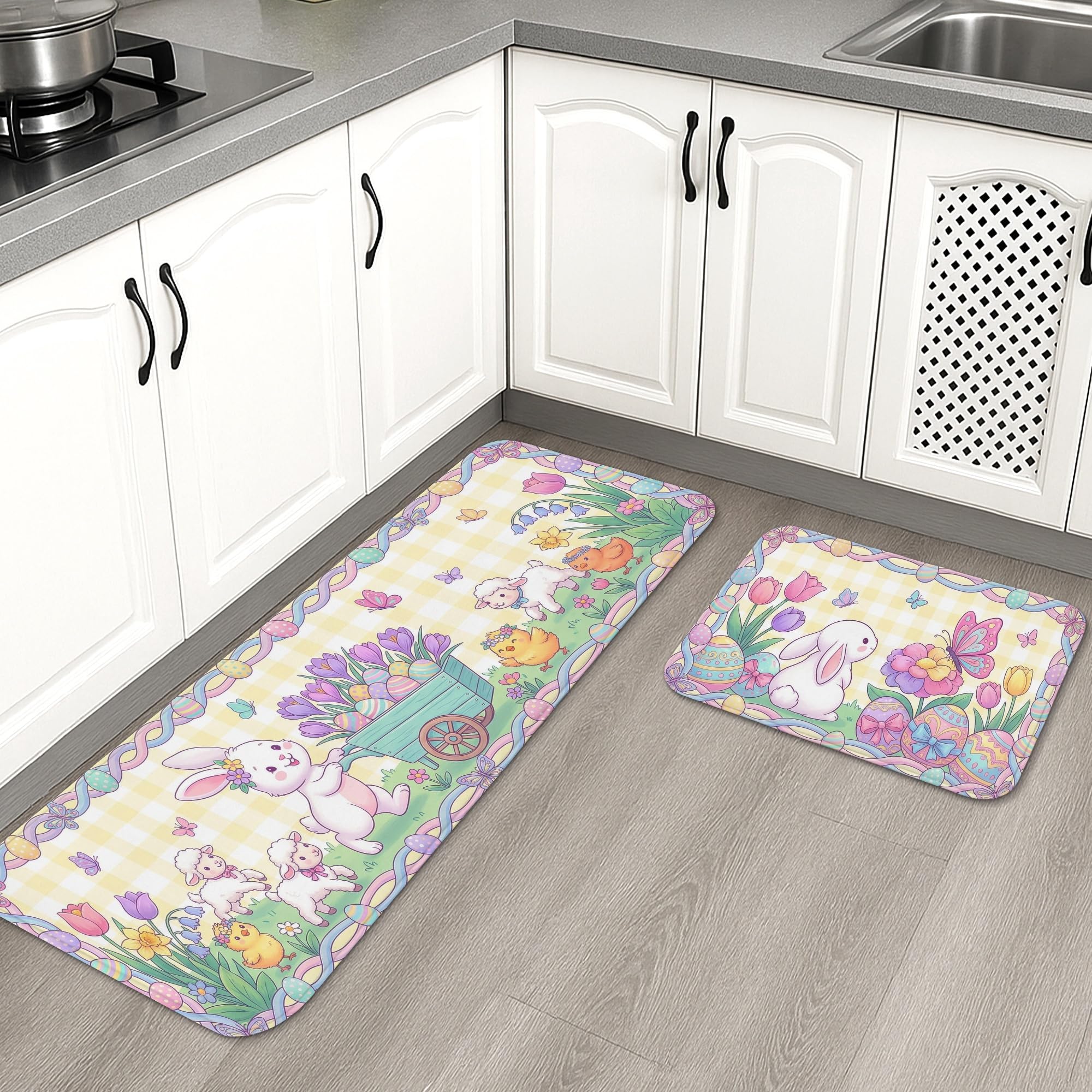 Lot de 2 tapis de cuisine lapin printanier vintage et floral pour le sol de la buanderie