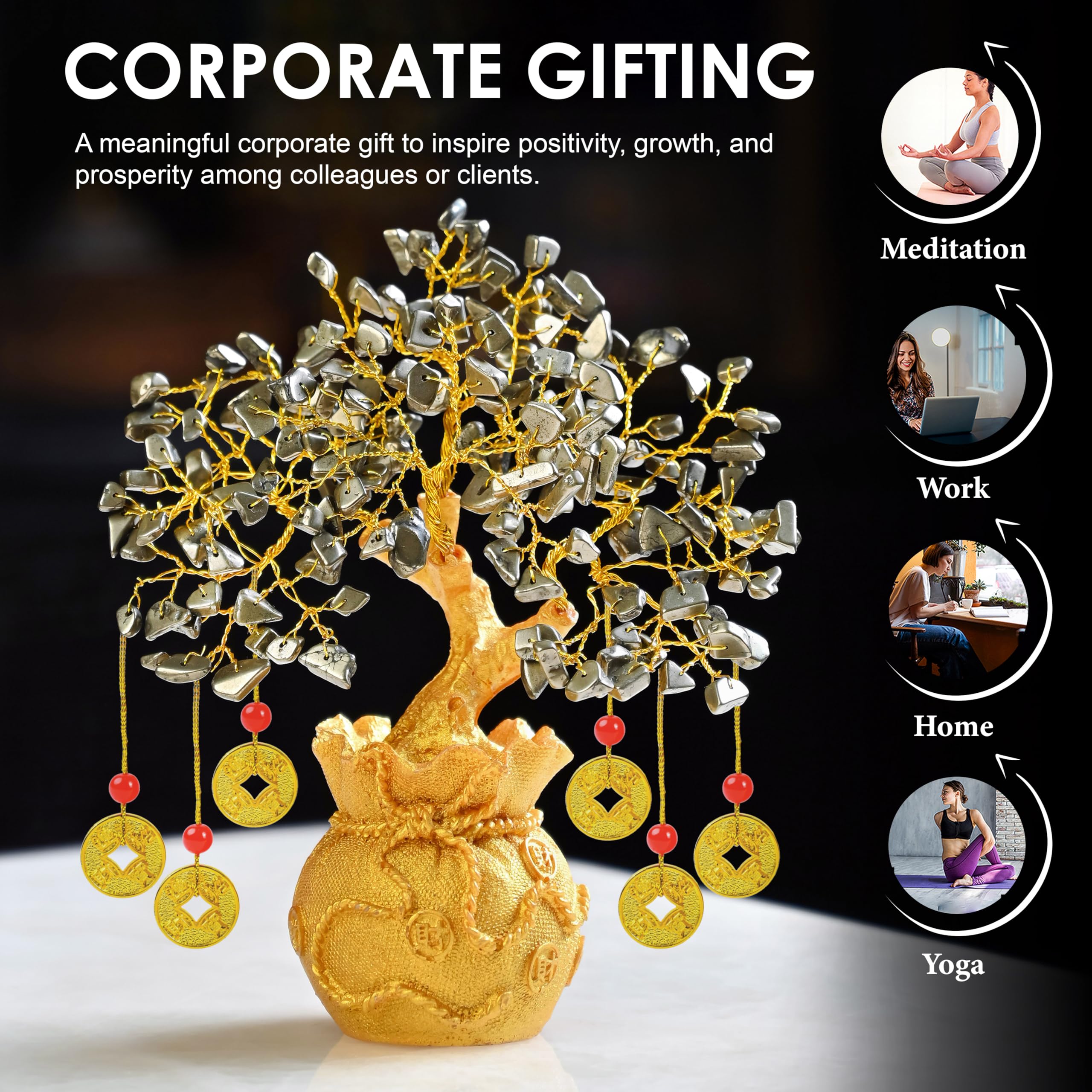 Arbre de vie en cristal avec pyrite | Arbre Feng Shui en pierre