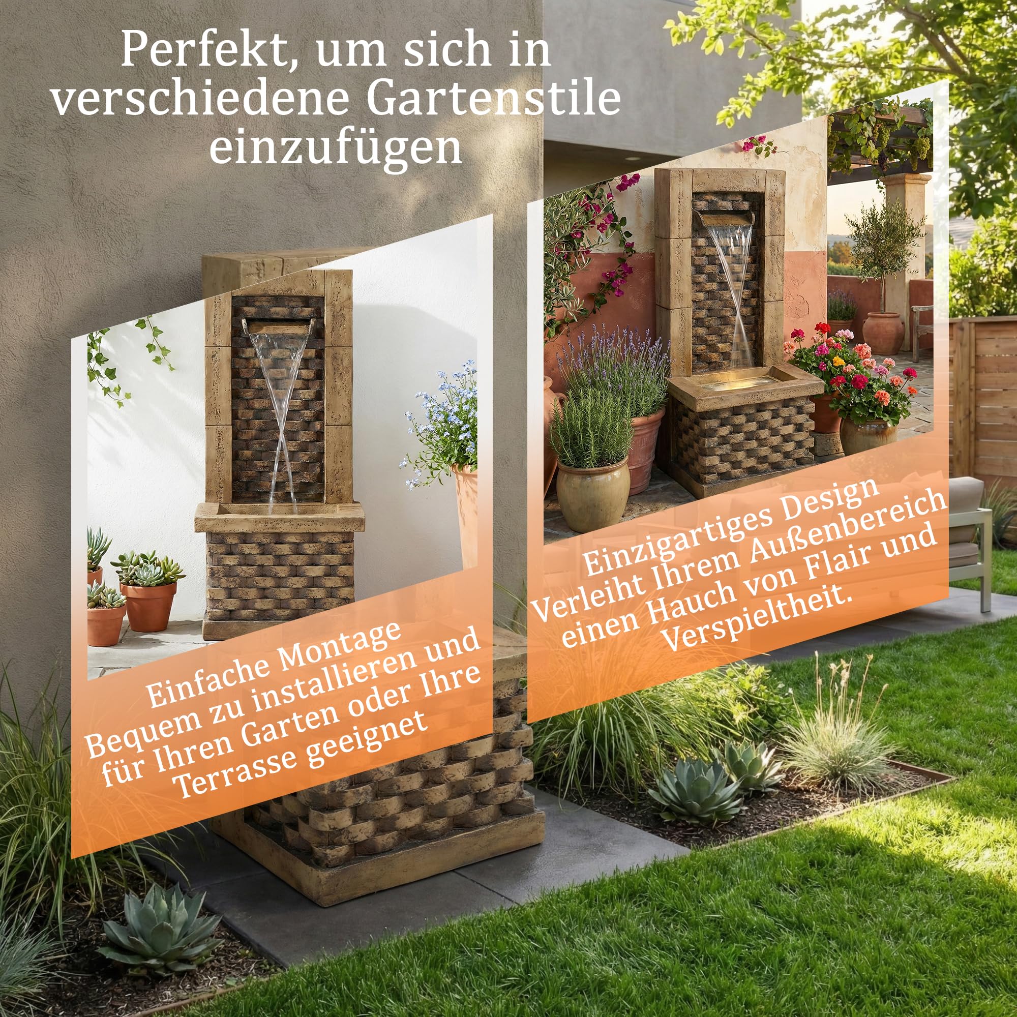 Gartenbrunnen für Außen im Antik-Stil mit LED – Springbrunnen aus Harz mit Wasserfall, Zierbrunnen für Terrasse & Balkon, authentische Steinoptik in Antique Brown