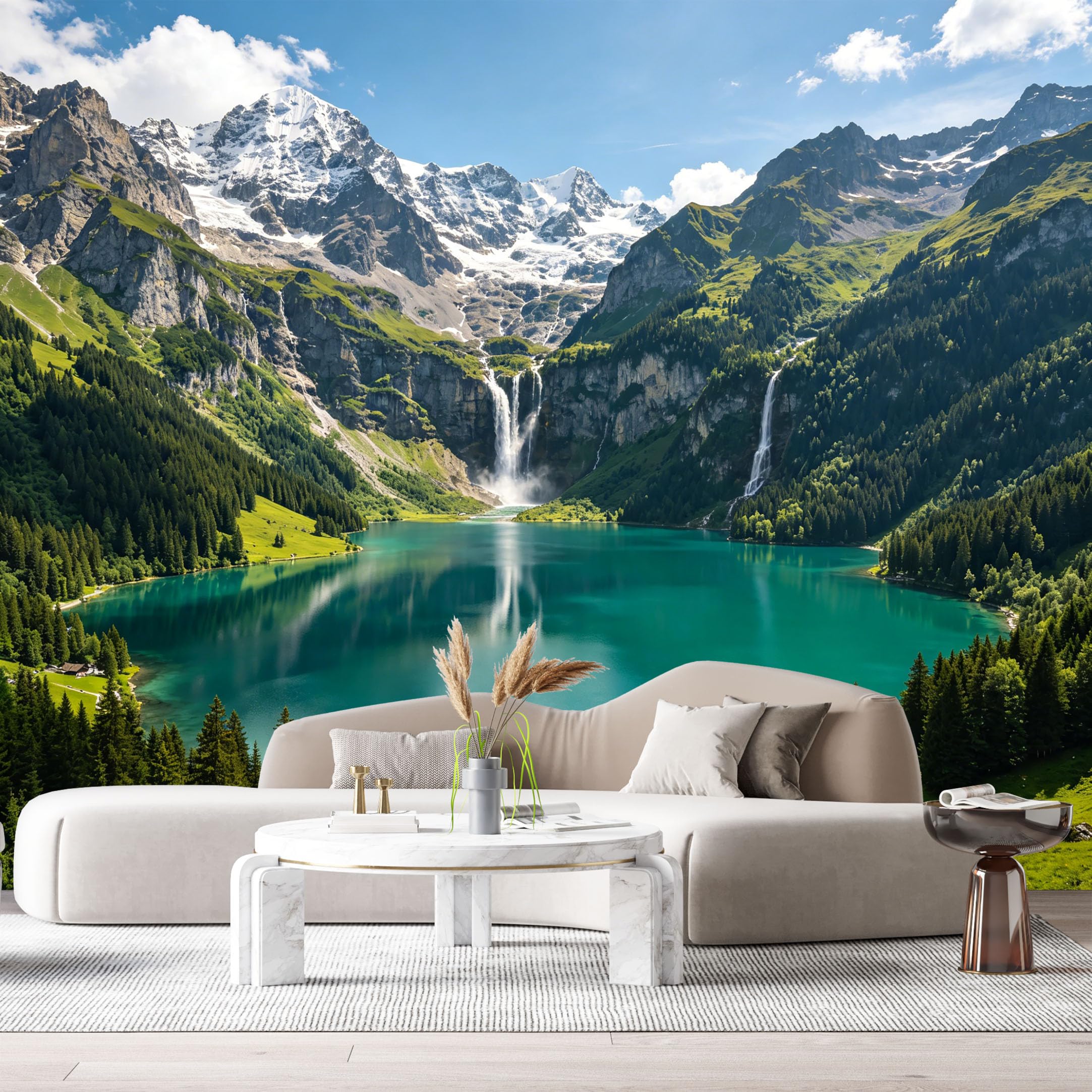 Custom Size Wall Murals Alpine Lake Waterfall Landscape Mountain/Lake SelfAdhesive Wall Fabric Removable Large Wallpaper for Photo Living Room Decor Wall Art