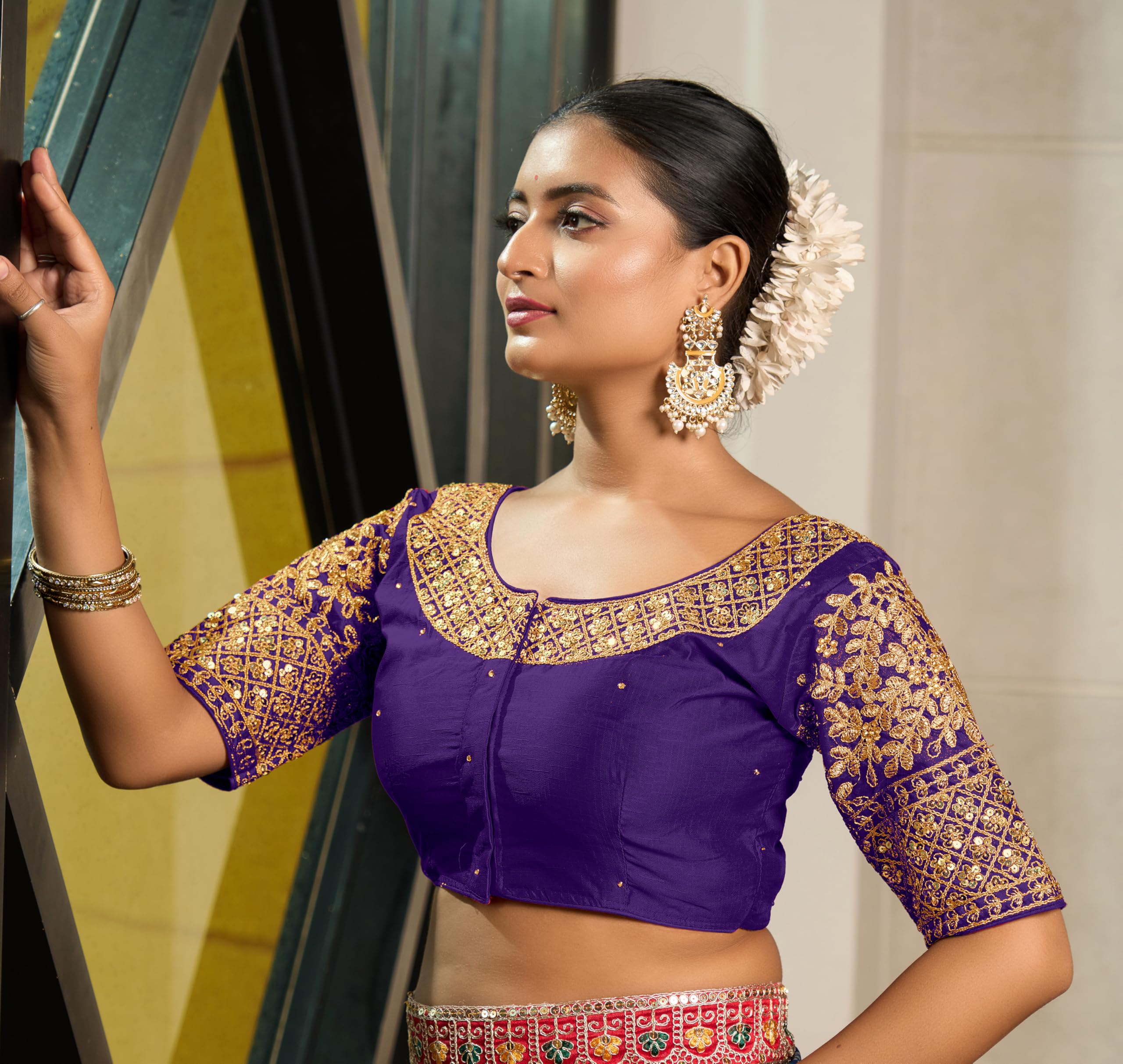 Pujia Mills Women's Heavy Embroidery Coding With Sequins Work Half Sleeves Fancy Readymade Saree Blouse (Purple, 38)