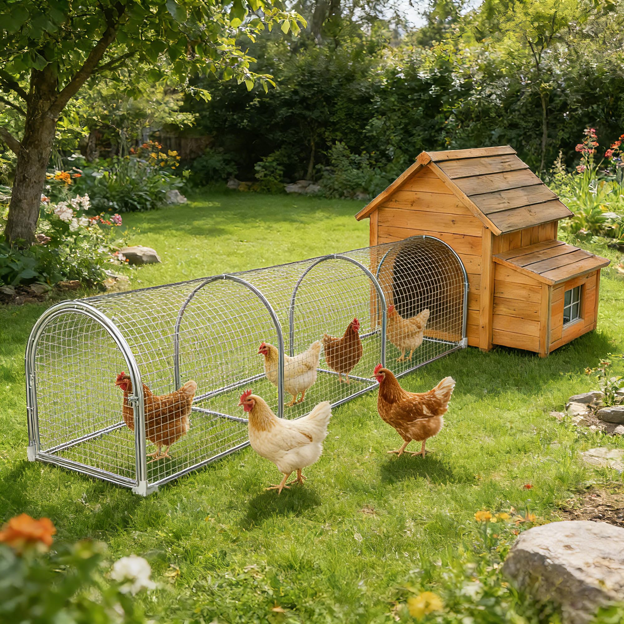 Gallinero de metal con corral, 10 x 2 x 2 pies, con cubierta impermeable y anti-ultravioleta para exteriores, patio trasero y granja, corral de pollo para patos, conejos (plata, 24 x 26 x 118 pulgadas