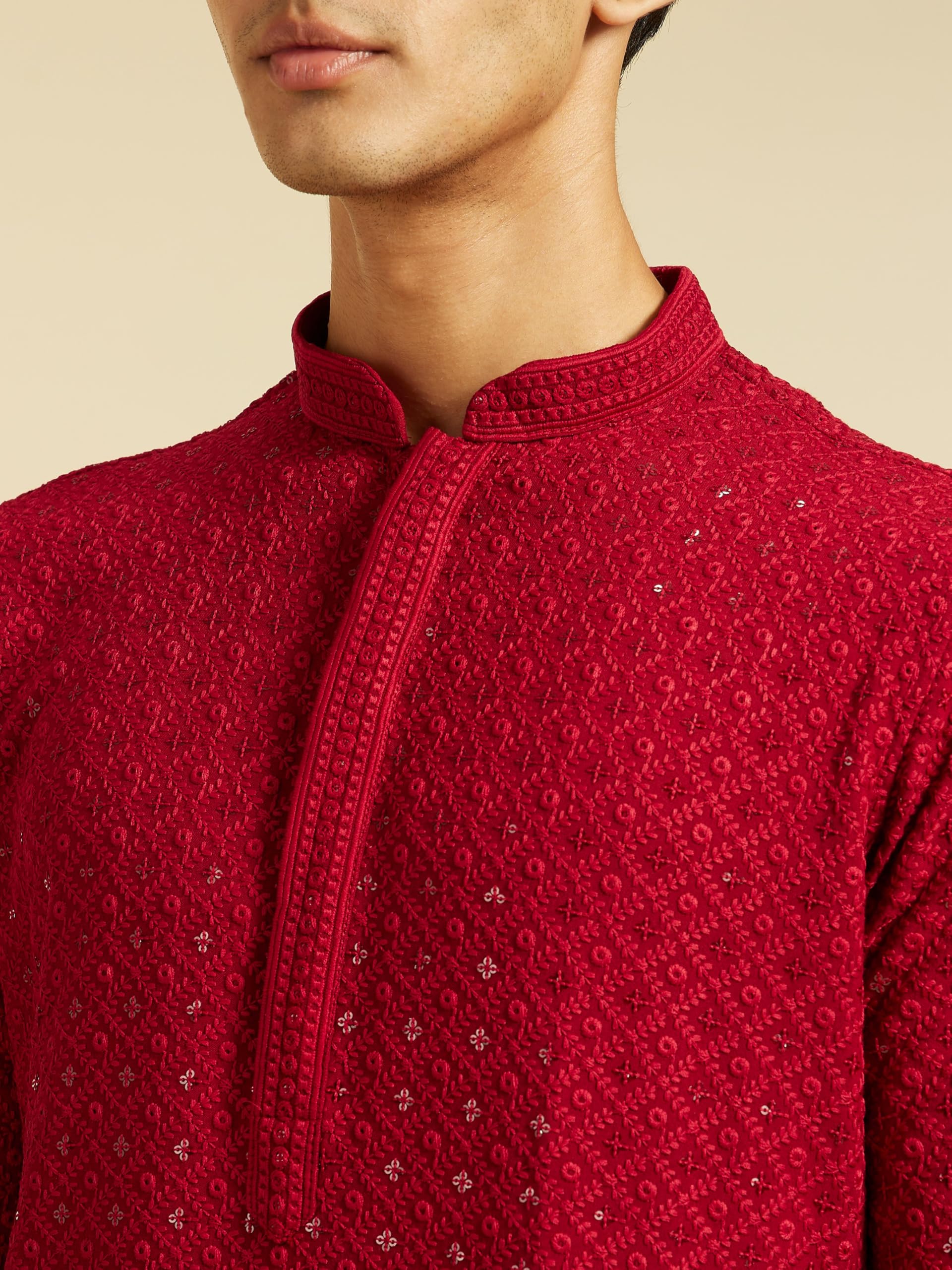 DIWAS BY MANYAVAR Men's Viscose Embroidered|Sequined Kurta (1pc) (in, Alpha, 2XL, Maroon) 1