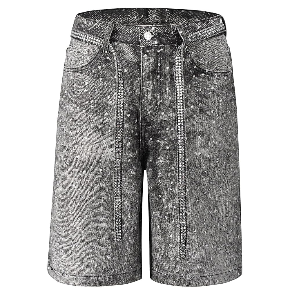 パンツ stone  baggy shorts Mens Baggy Rhinestone Jeans Shorts Y2k Grunge Oversized