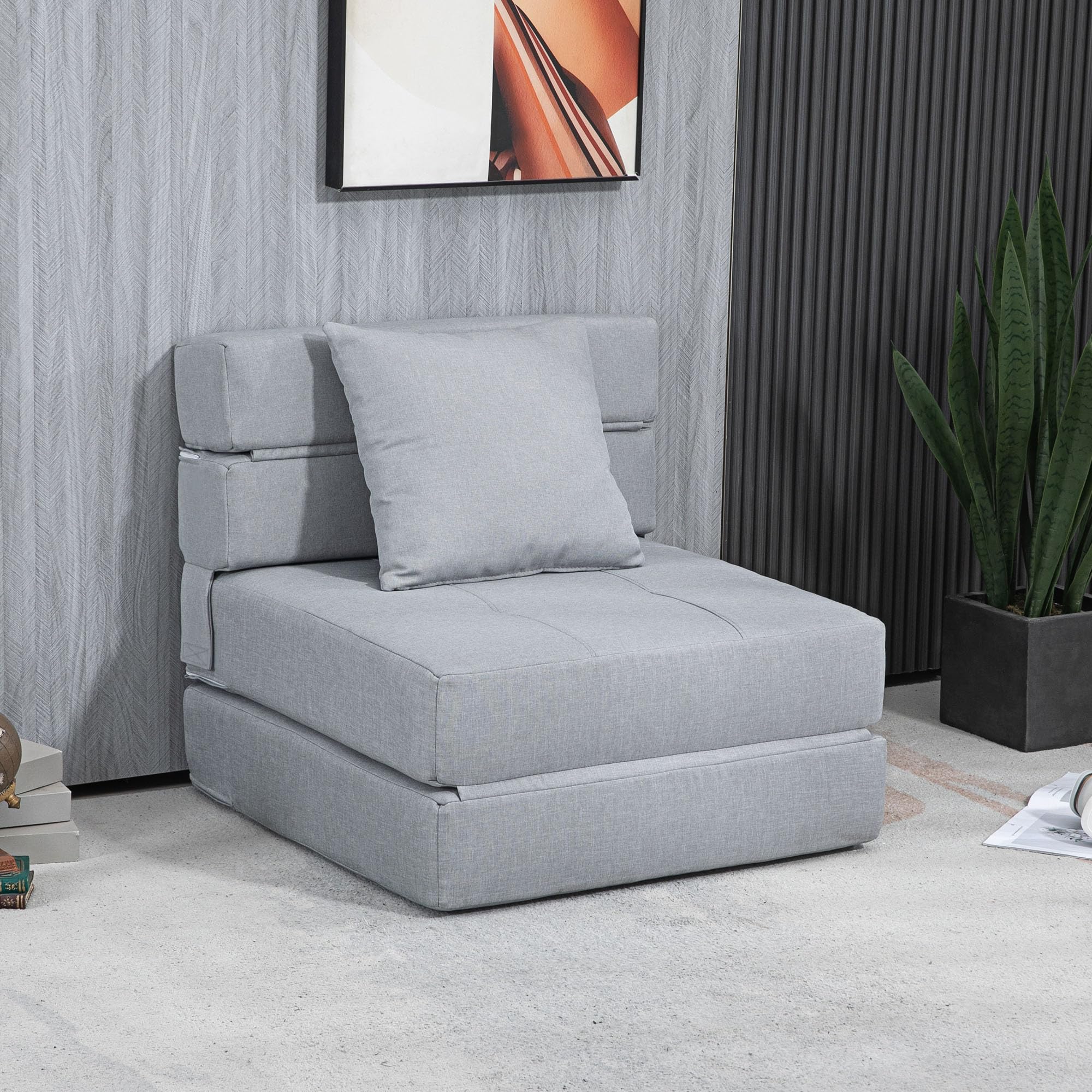 HOMCOM Fauteuil Convertible 1 Place Fauteuil lit chauffeuse 1 Place - Coussin déhoussable Inclus - Chaise de Sol pour invités, Salon, Charge 120 kg, Gris Clair