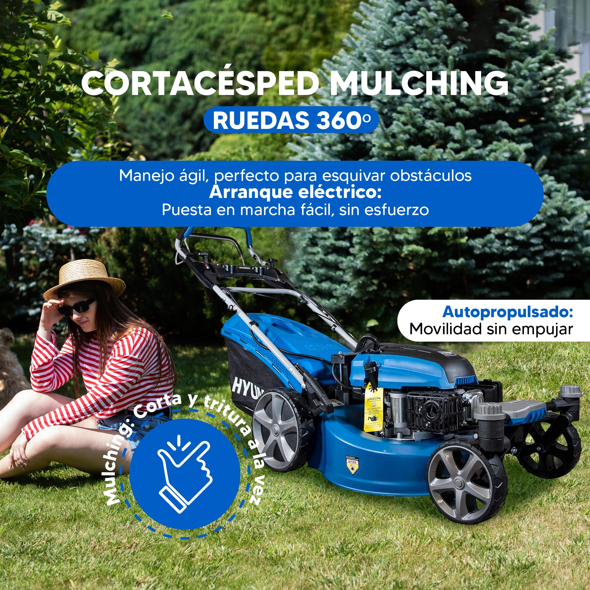 Hyundai Cortacésped Gasolina Autopropulsado Mulching 51 cm Profesional - Cortacésped con Arranque Eléctrico y Giro 360º Fácil Manejo - Máquina Cortar Césped Potente para Jardines Grandes