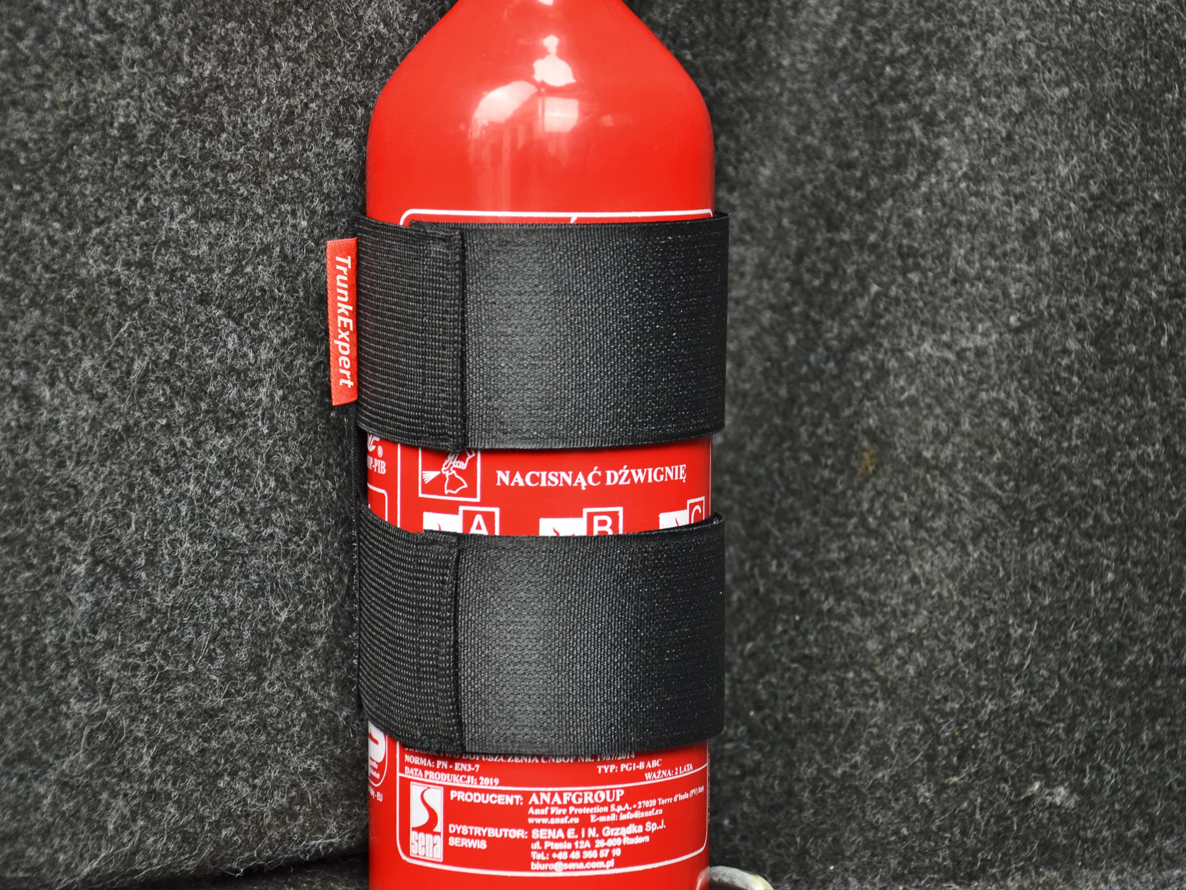 Uchwyt na Gaśnicę Samochodową Organizer Ochrona Przeciwpożarowa Bezpieczny Transport Gaśnicy Prosty Montaż Uniwersalny Dł. 38-42 cm Wys. 12 cm Zapięcie na Rzep