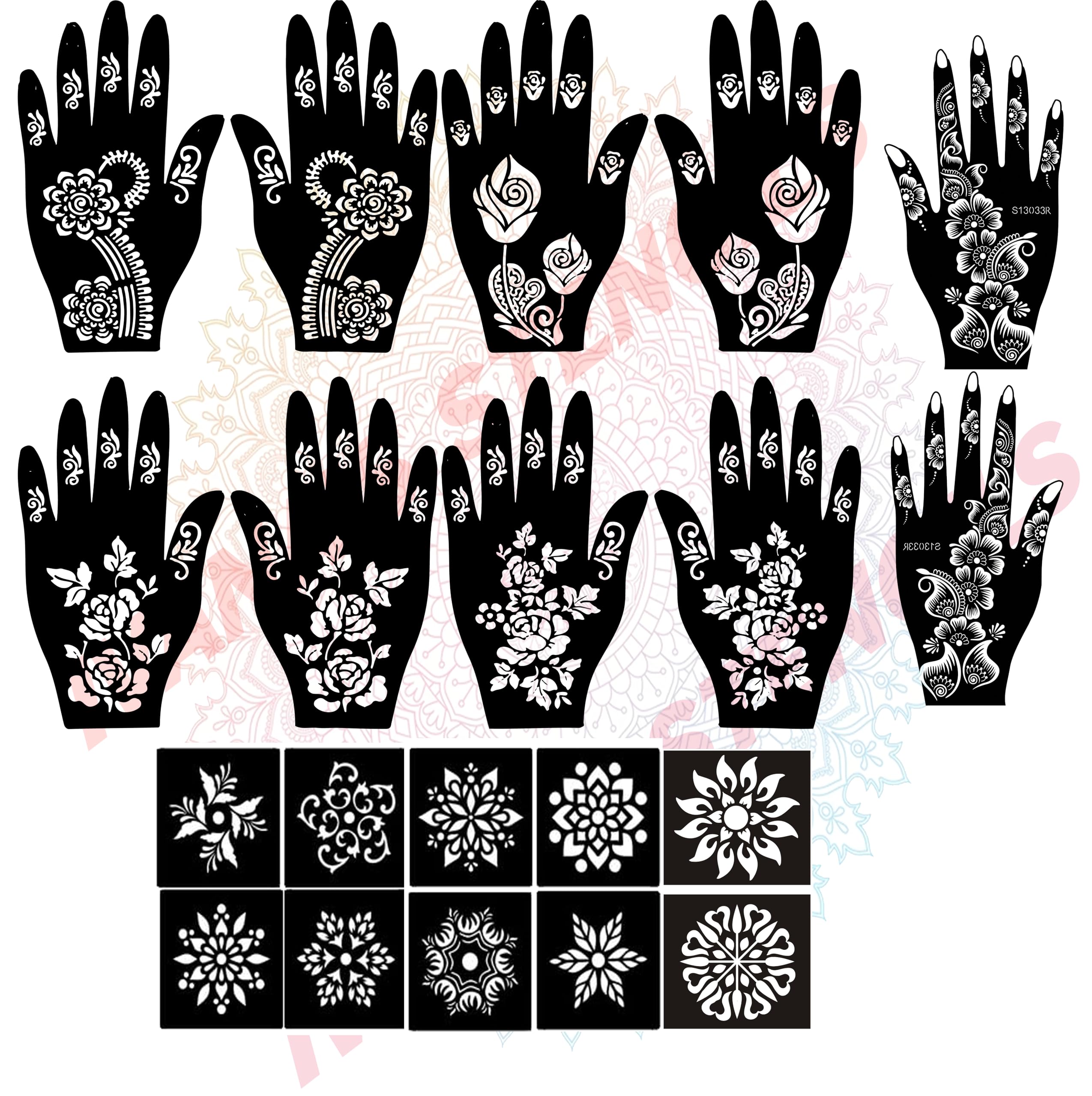 Ivana's Mehndi Tattoo Stencil Mehndi Design for Hands Set of 20 pc Combo Pack,10 Pcs Hand Design 10 pcs Round Stencils for Women, Girls and Kids, Easy to Use in Just 4 Simple Steps- CPT-2028