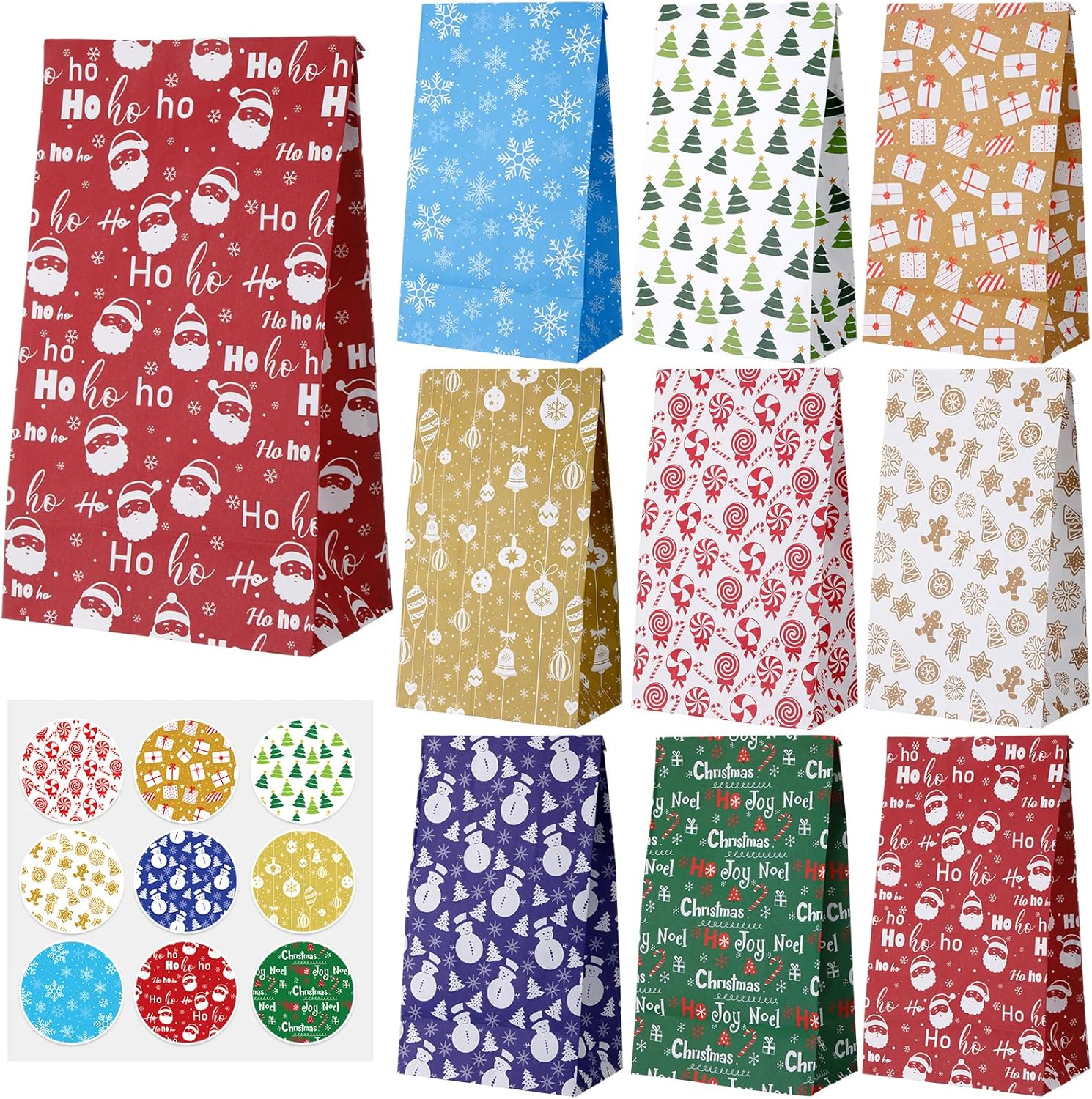 Jetec 90 Pcs Christmas Goodie Bags with Sealing Stickers Christmas Treat Bags Bulk Xmas Gift Packages Xmas Paper Lunch Wrappers 9 Assorted Designs Goody Packages for Holiday Gift Wrapping(Classic)