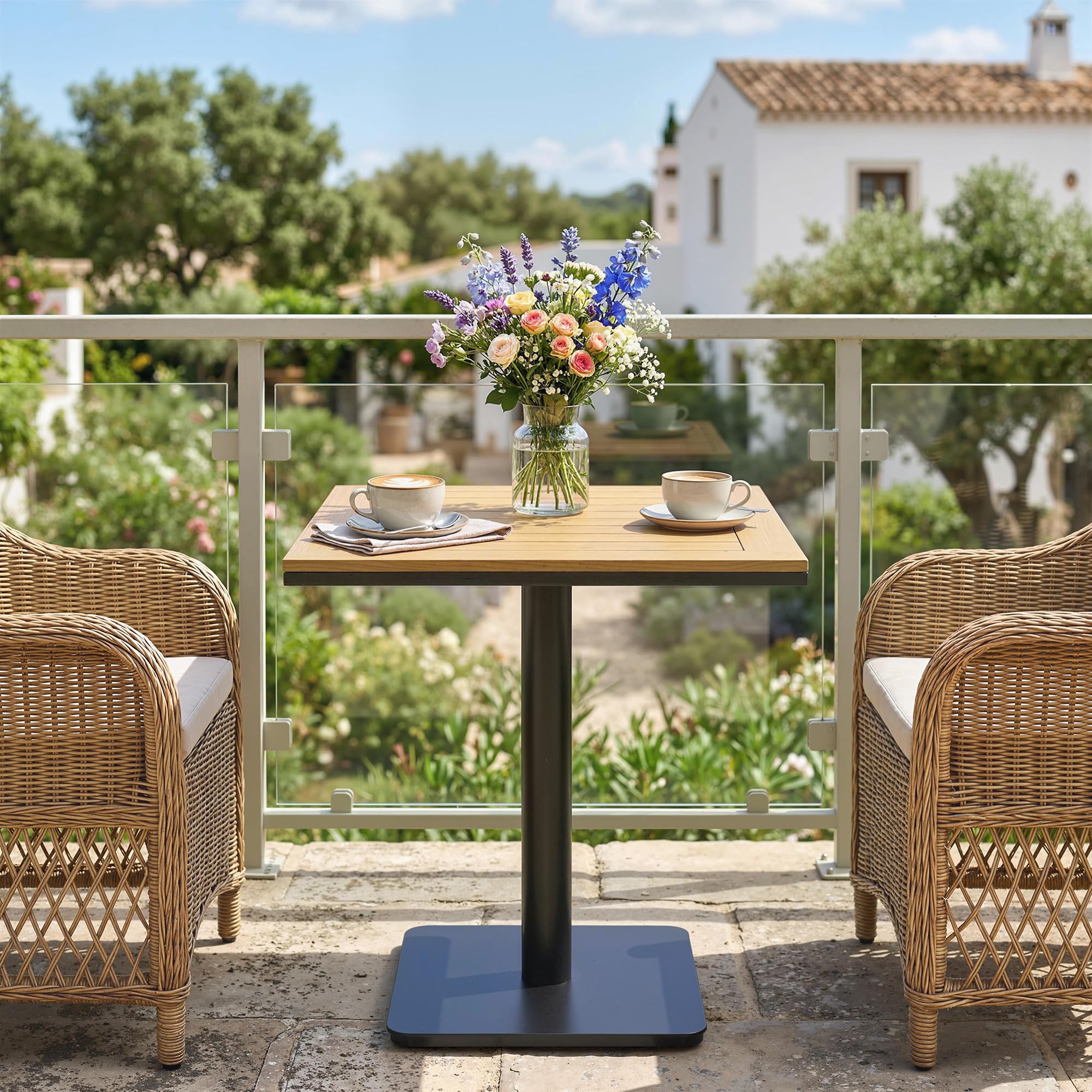 Outsunny Table d'appoint 70 x 70 cm - Résistante aux intempéries - Avec large base aspect bois - Table de balcon carrée - Charge maximale : 30 kg - Table de bistrot pour jardin, terrasse, balcon