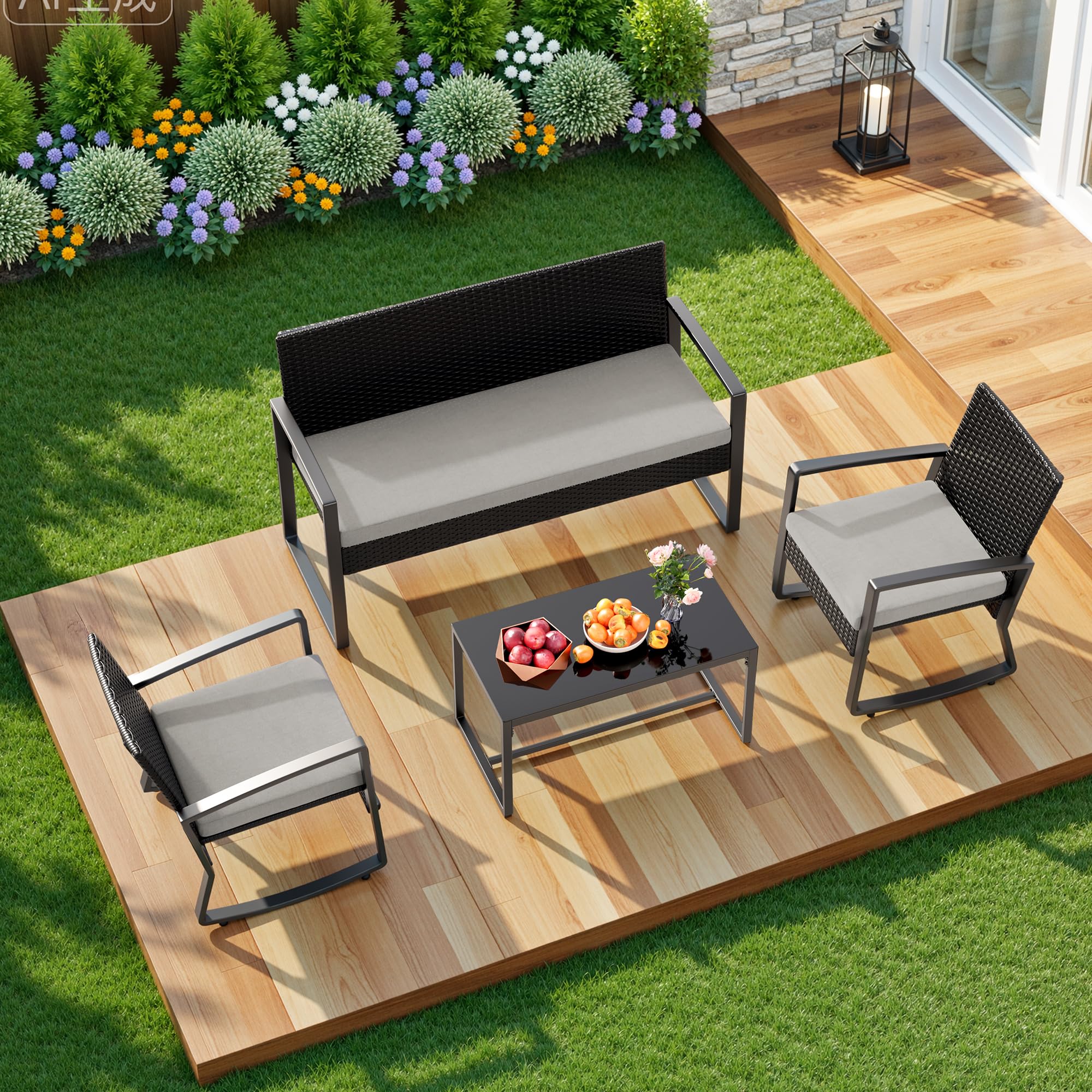 Xbro Rattan Gartenmöbel Set für 4 Personen, Balkonmöbel Lounge mit 2 Schaukelstühlen, Doppelsessel & Glastisch, inkl. Sitzkissen, wetterfest für Garten, Terrasse, Veranda & Pool, Grau