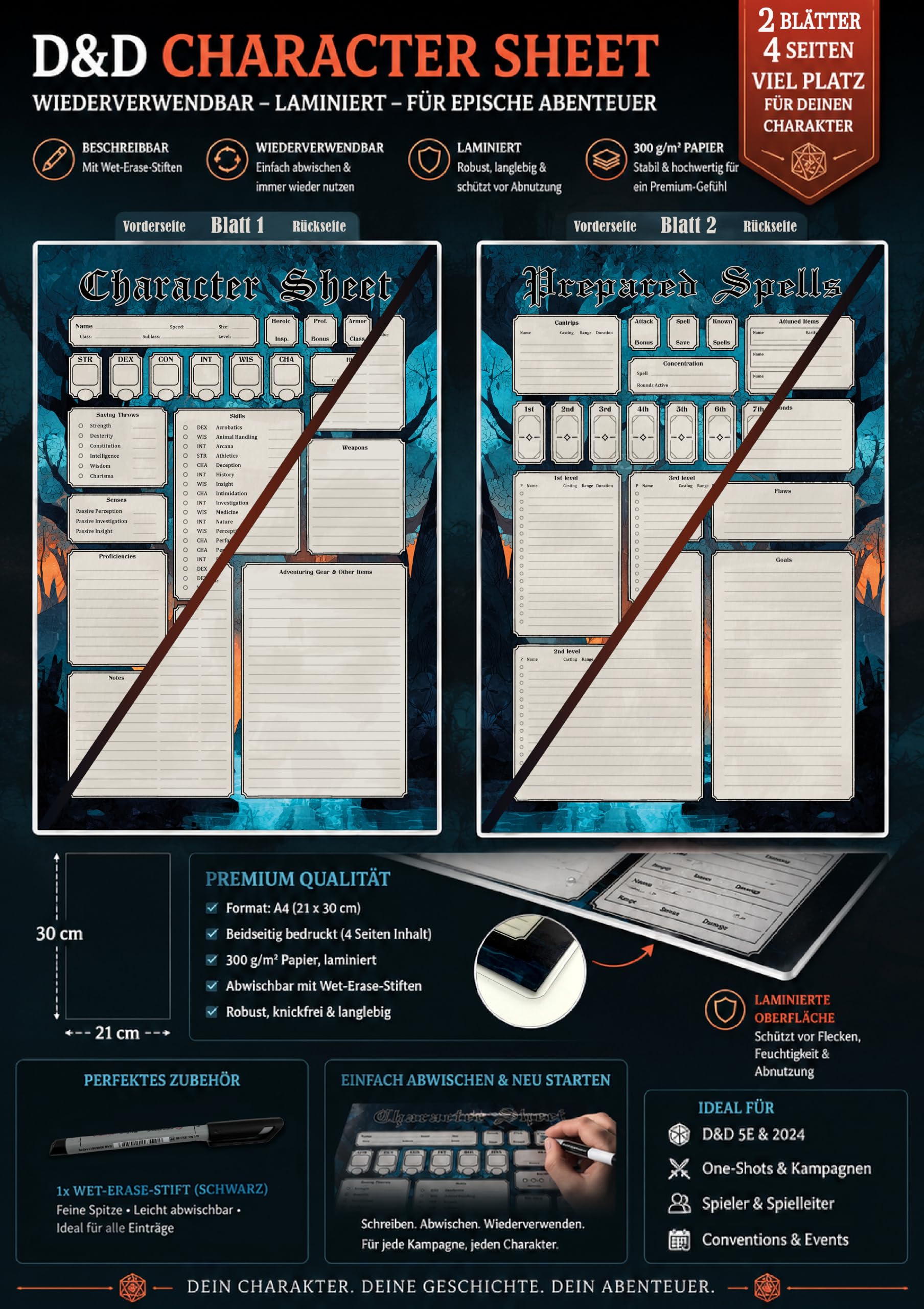 Wiederverwendbarer RPG Charakterbogen – 2 laminierte A4 Character Sheets (4 Seiten), Wet-Erase-Stift inklusive, kompatibel mit D&D 5E & DND 2024 (5.5E)