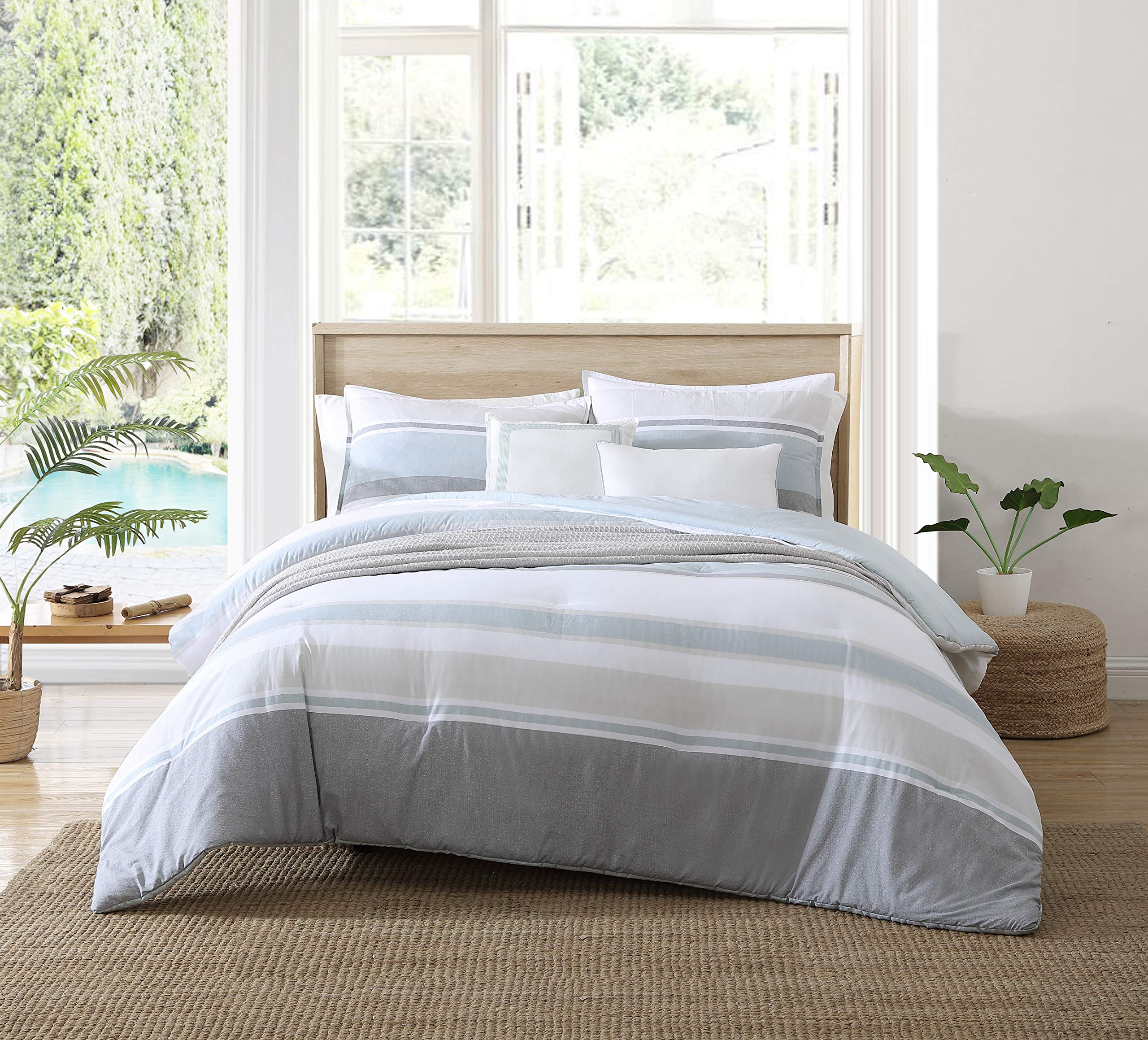 Nautica Home Eastport Collection | Comforter Set - 100% Cotton, Ultra-Soft & Reversible, Wrinkle-Resistant Bedding, Includes 2 Bonus Decorative Pillows, Queen, Blue