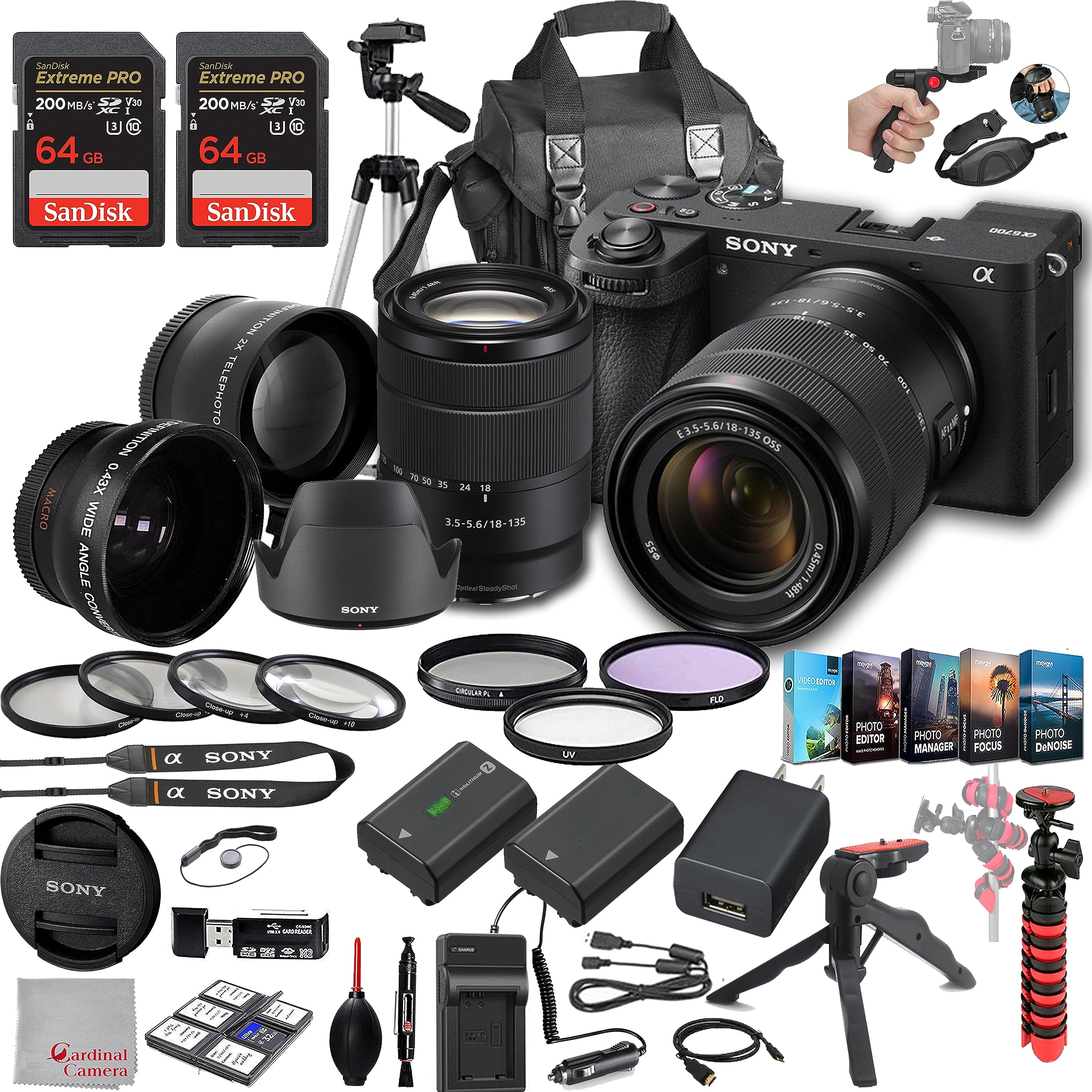 Sony a6700 Mirrorless Camera with 18-135mm Lens, 128GB Extreem Speed Memory,.43 Wide Angle & 2X Lenses, Case,Tripod, Filters, Hood, Grip,Spare Battery & Charger,Editing Software Kit -Deluxe Bundle