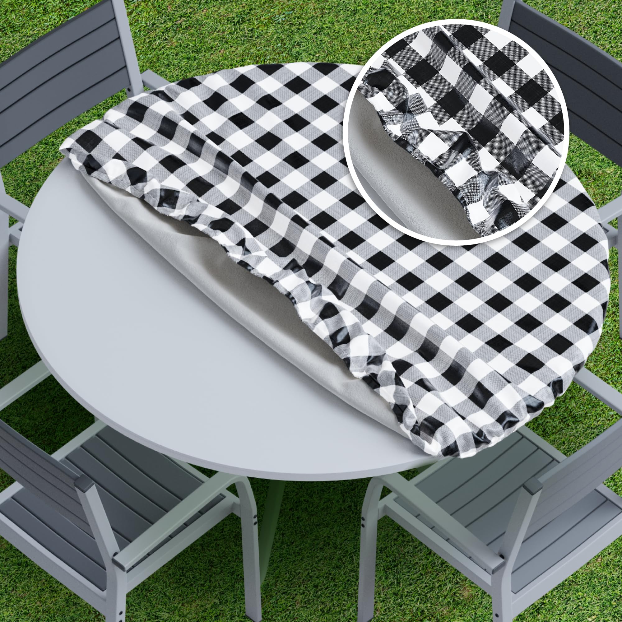 Sorfey Vinyl Fitted Tablecloth Cover, Checke Design, Flannel Backed Lining Fits Up-to 40-44 Round Tables Black