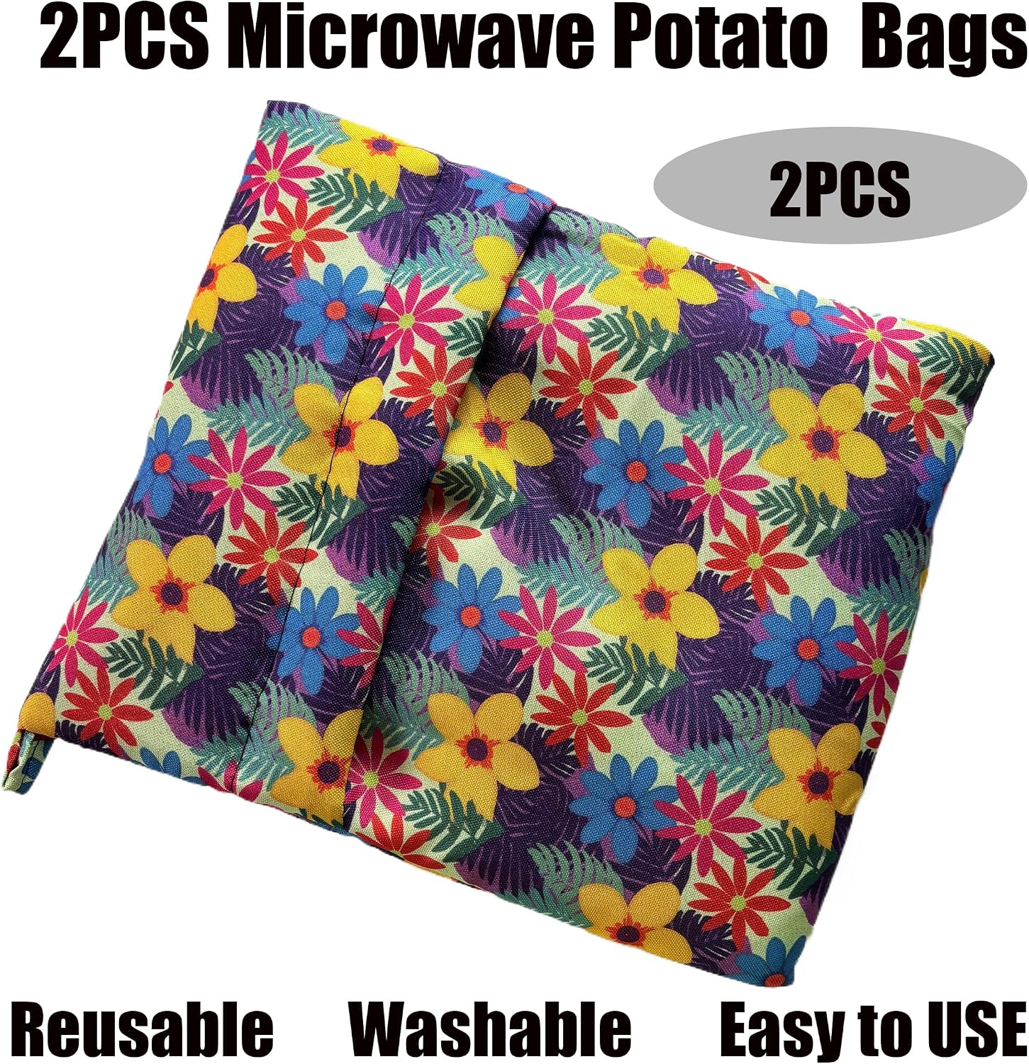 2 Pack Microwave Potato Bags, Reusable Floral Fabric Cooking Pouches for Potatoes/Sweet Potatoes