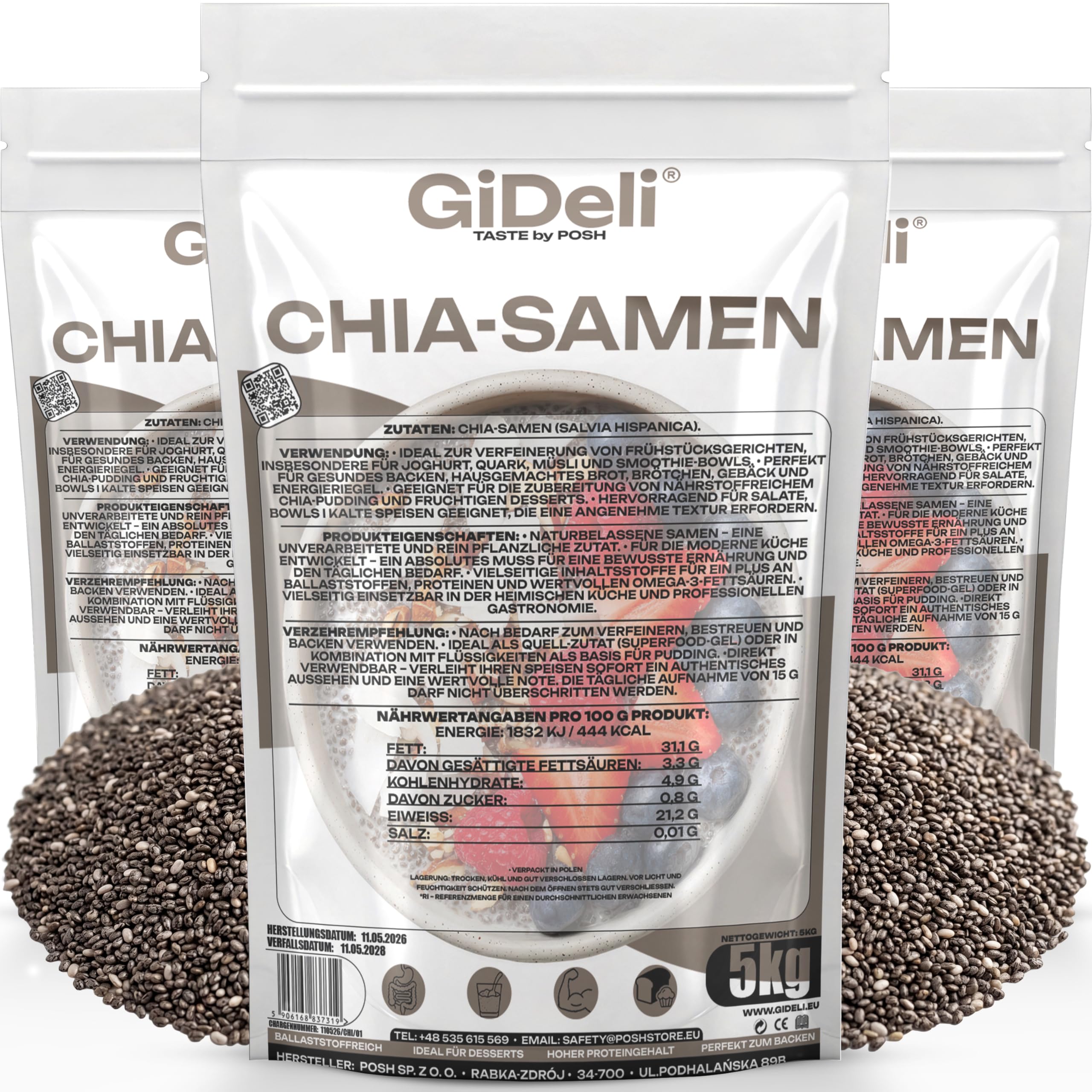 GiDeli Chia-Samen 3x5kg - Rein pflanzlich, ohne Zusätze - Vegane Proteinquelle mit Omega-3 (ALA) - Naturbelassen & Ballaststoffreich - Für Chia-Pudding, Müsli, Smoothies & Backwaren