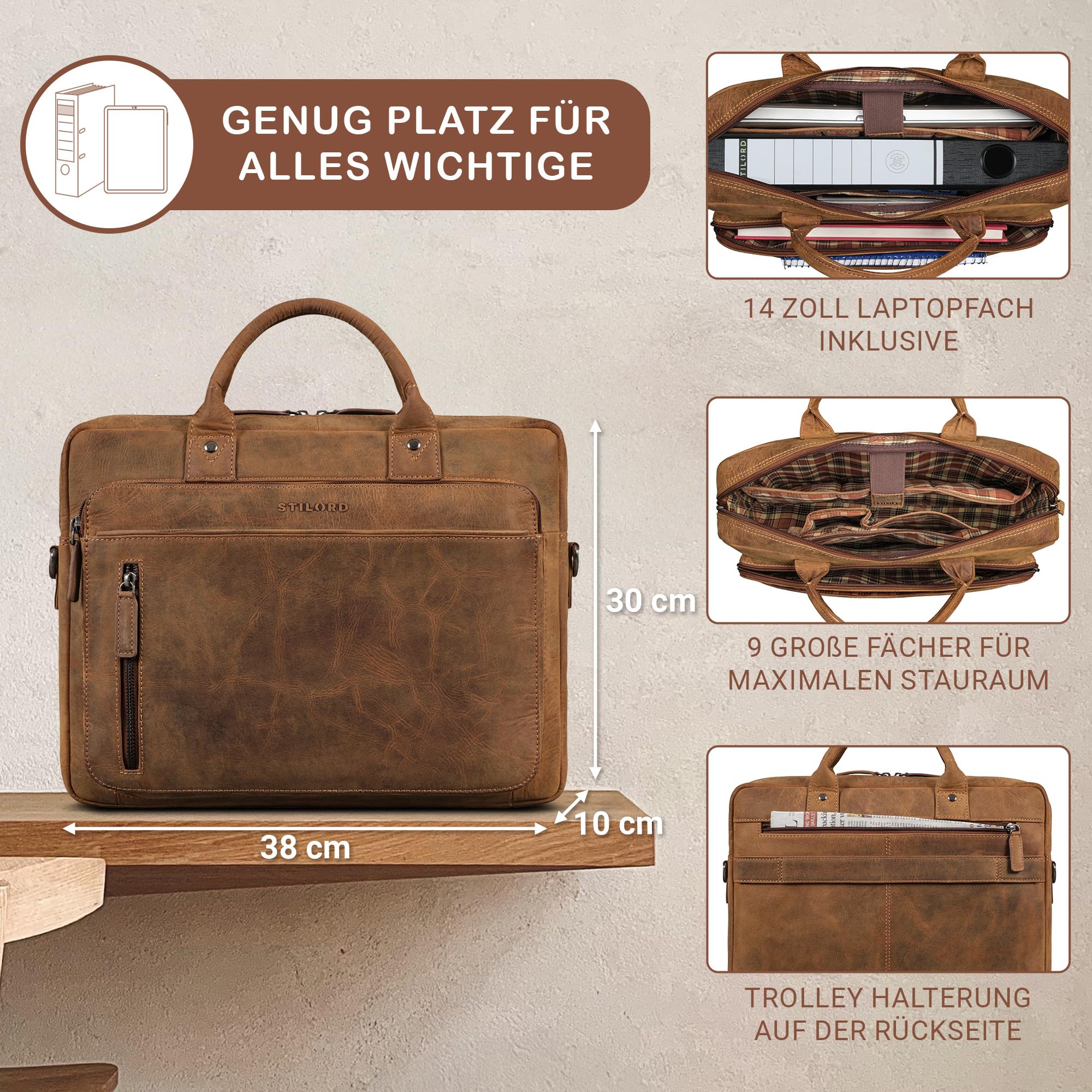 STILORD Ledertasche für Herren & Damen braun - Aktentasche mit 14 Zoll Laptopfach - Business-Tasche für Office, Uni & Büro - Umhängetasche 'Syd'