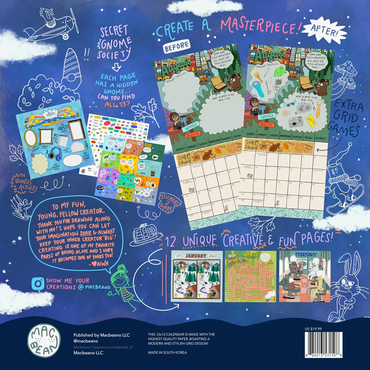 2026 12x12 wall calendar the fantastic, amazing, marvelous activity calendar for kids- includes 300 fun stickers and storage pocket