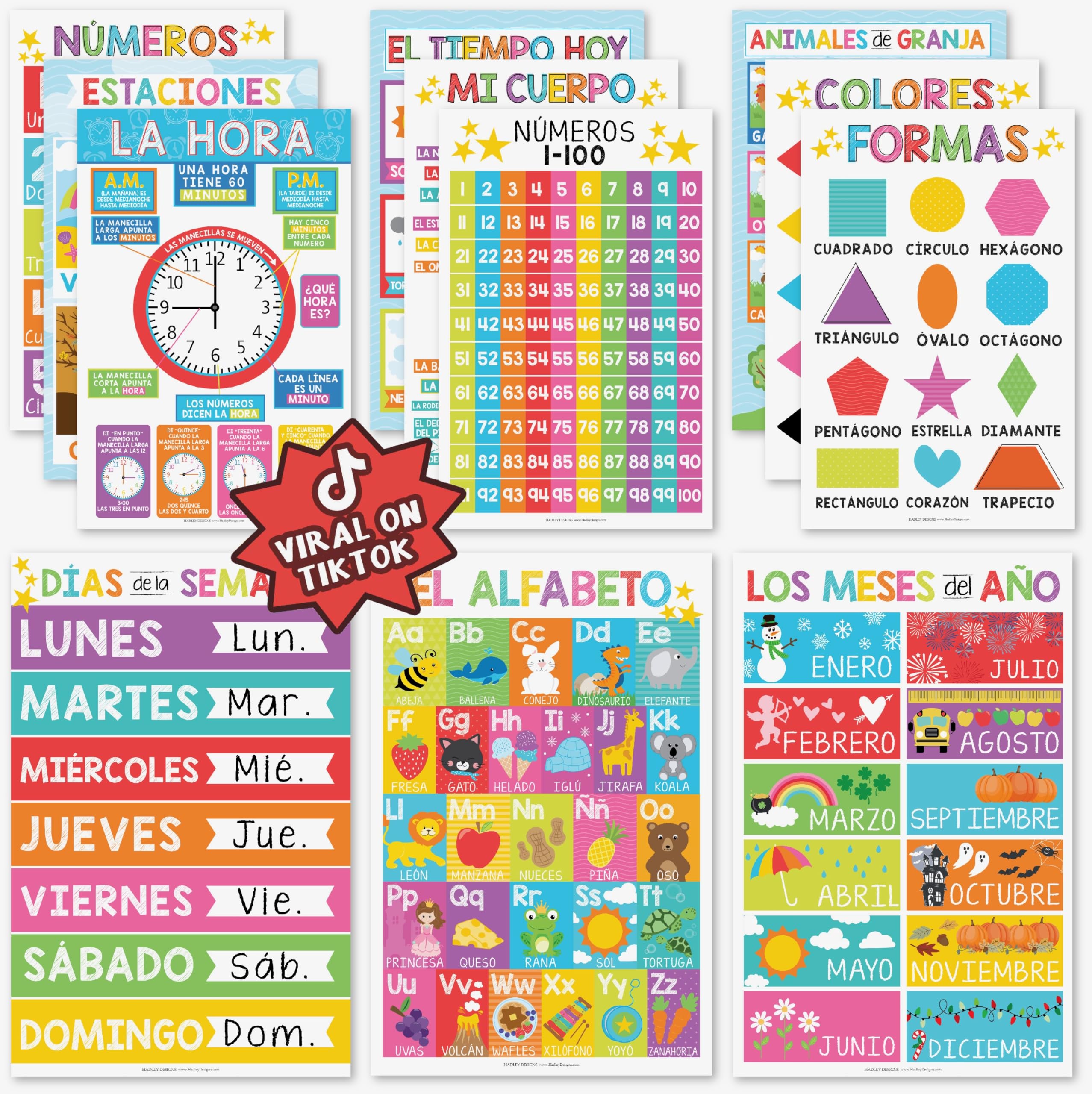Hadley Designs Spanish Posters for Classroom - 12 Bilingual Educational Posters for Spanish Classroom Decorations Must Haves, Calendario y Alfabeto en