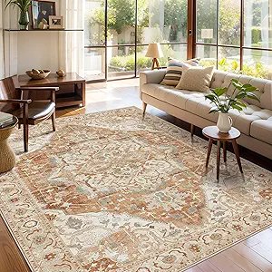 Deerly Vintage Area Rug 5x7 Boho Washable Large Living Room Bedroom Rugs Non Slip Low Pile 5x7 Rug for Kitchen Entryway Bedroom Dining Room Office, Caramel/Beige/Multi