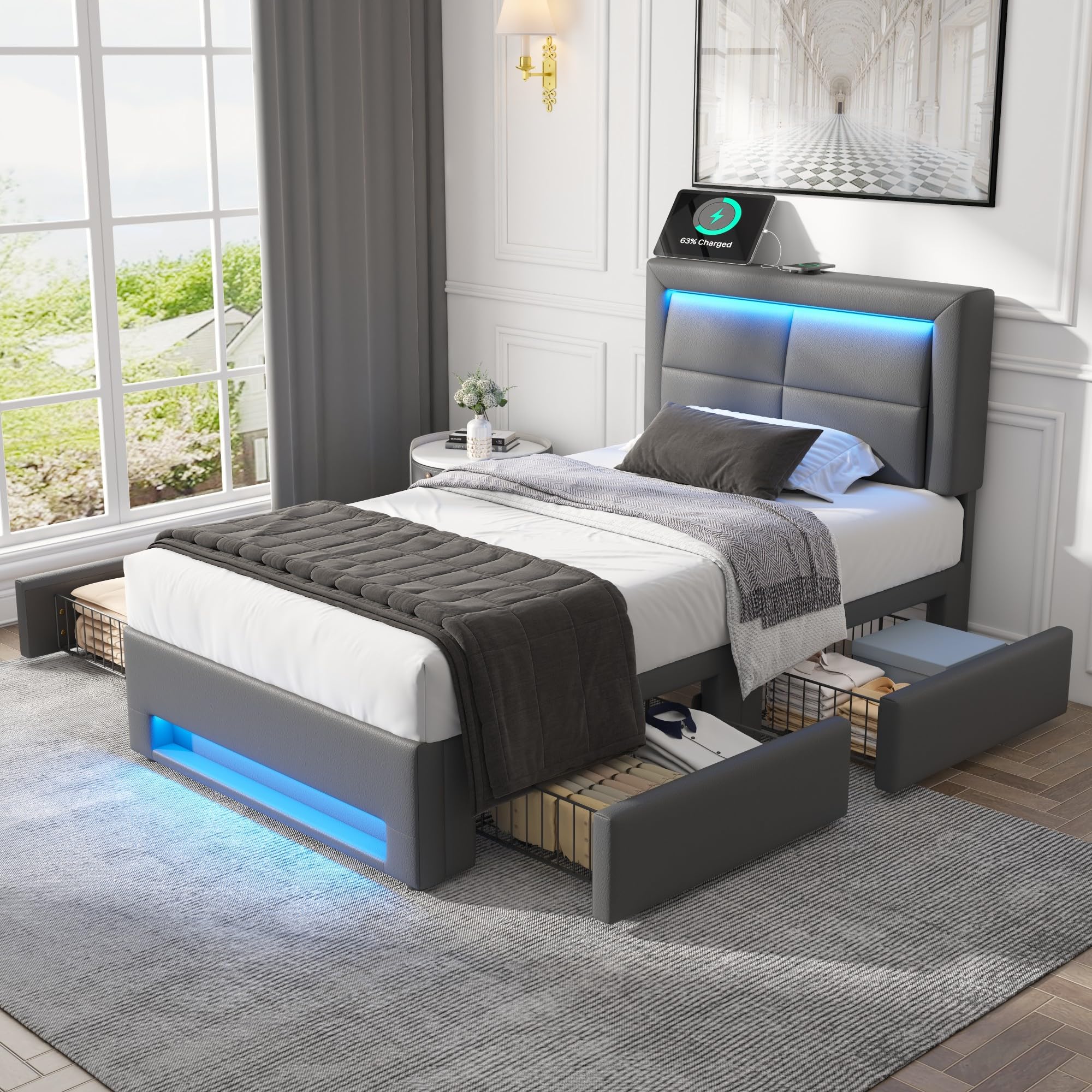 Letto imbottito con porta USB, illuminazione a LED, 90 x 190 cm, 4 cassetti, in pelle PU, grigio, ricarica wireless e cablata, rete a doghe