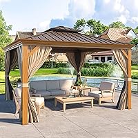 Vista 36 de YOLENY - Cenador de acero galvanizado con techo duro de 12 pies x 20 pies, marco de aluminio con doble ventilación, cortinas y malla incluidas