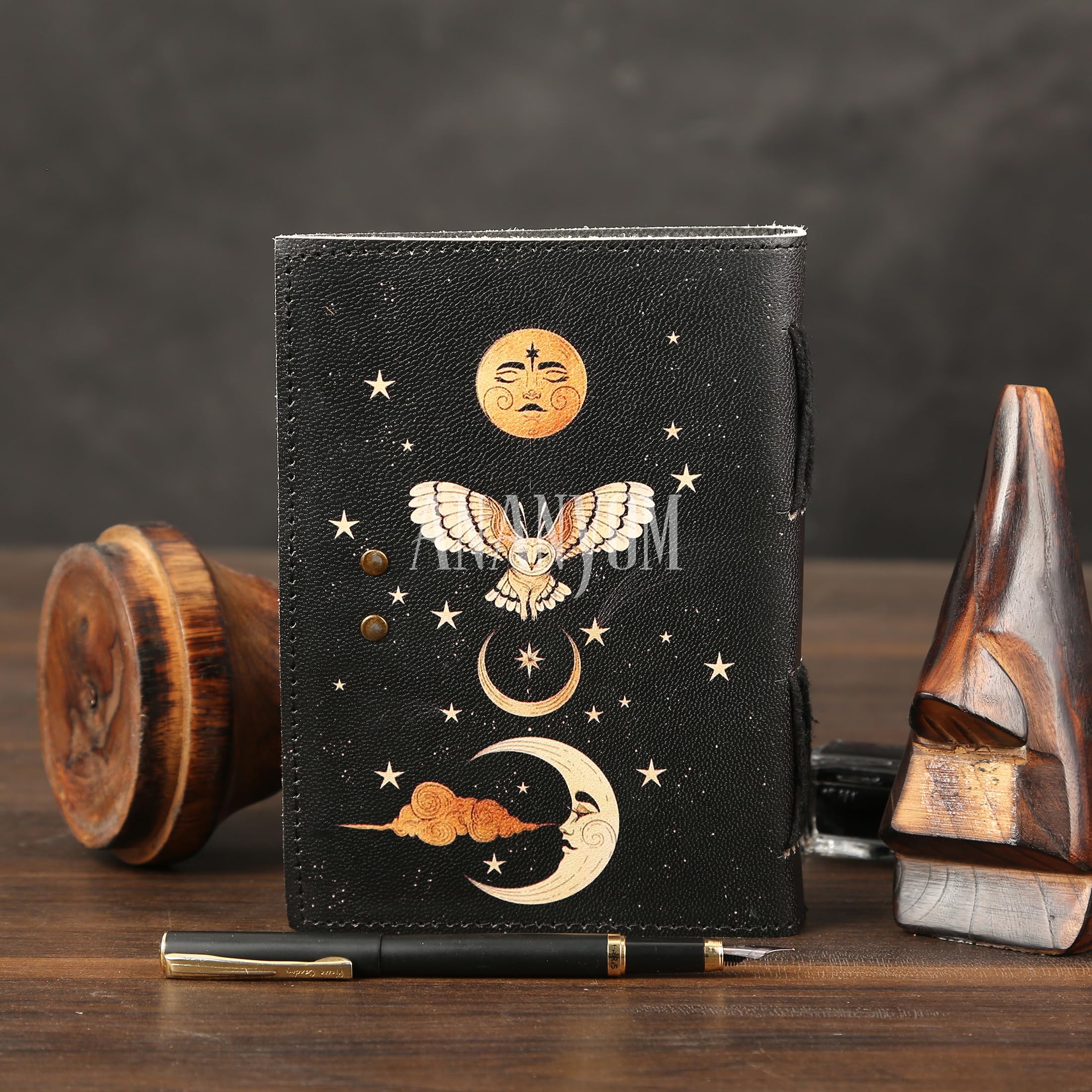 ANANYOM Handmade Black Leather Journal, Sun & Moon Embossed Notebook Diary, 7" x5” Vintage Sketchbook with Brass Clasp - Image 3