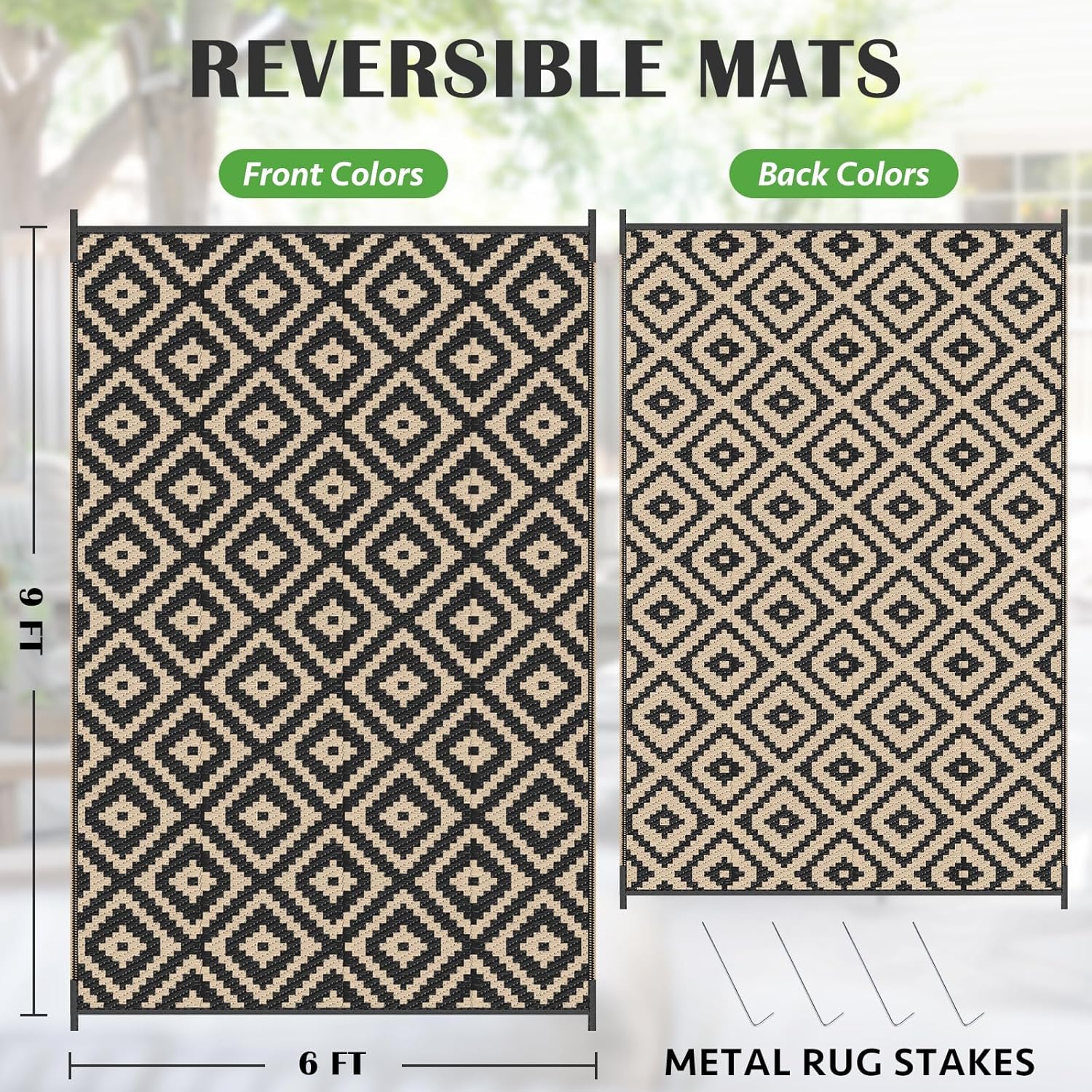 Mattitude Waterproof Outdoor Rug 6x9 Ft Outdoor Plastic Straw Rug Reversible Patio Rug Large Outdoor Carpet Area Rug for Patio Backyard Picnic Beach Camping RV Black & Beige