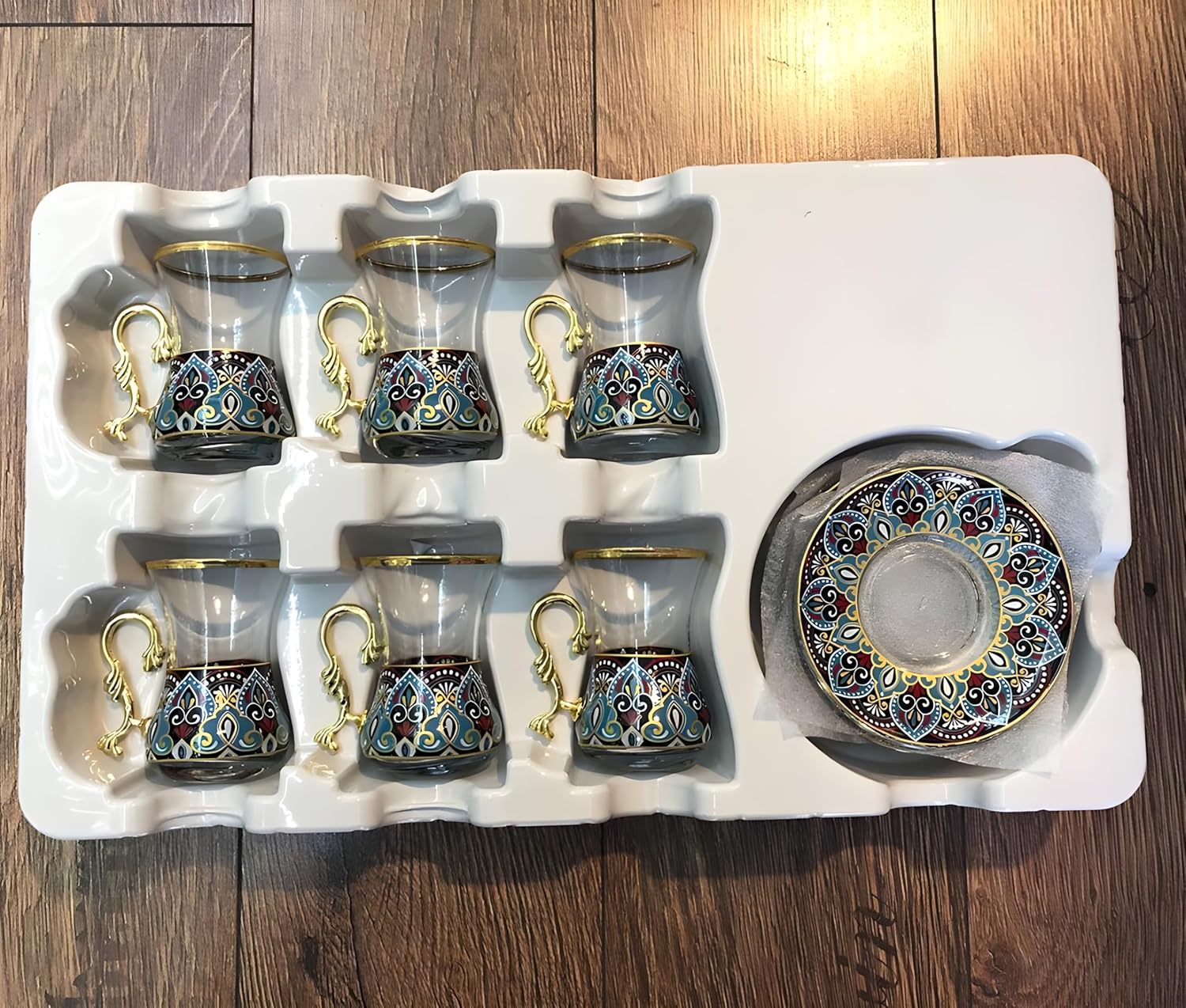 Handcrafted Turkish Tea Glass Set of 6 with Saucers and Handles – Vintage Style Decorated Glassware – Elegant Arabic, Persian, Moroccan Traditional Tea Cups for Tea Ceremony (Blue-Patterned)