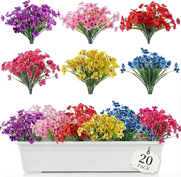 20 Bundles Outdoor Artificial Flowers UV Resistant No Fade Plastic Faux Plants Shrubs for Hanging Planters Garden Porch Window Box Home Wedding Farmhouse Decor