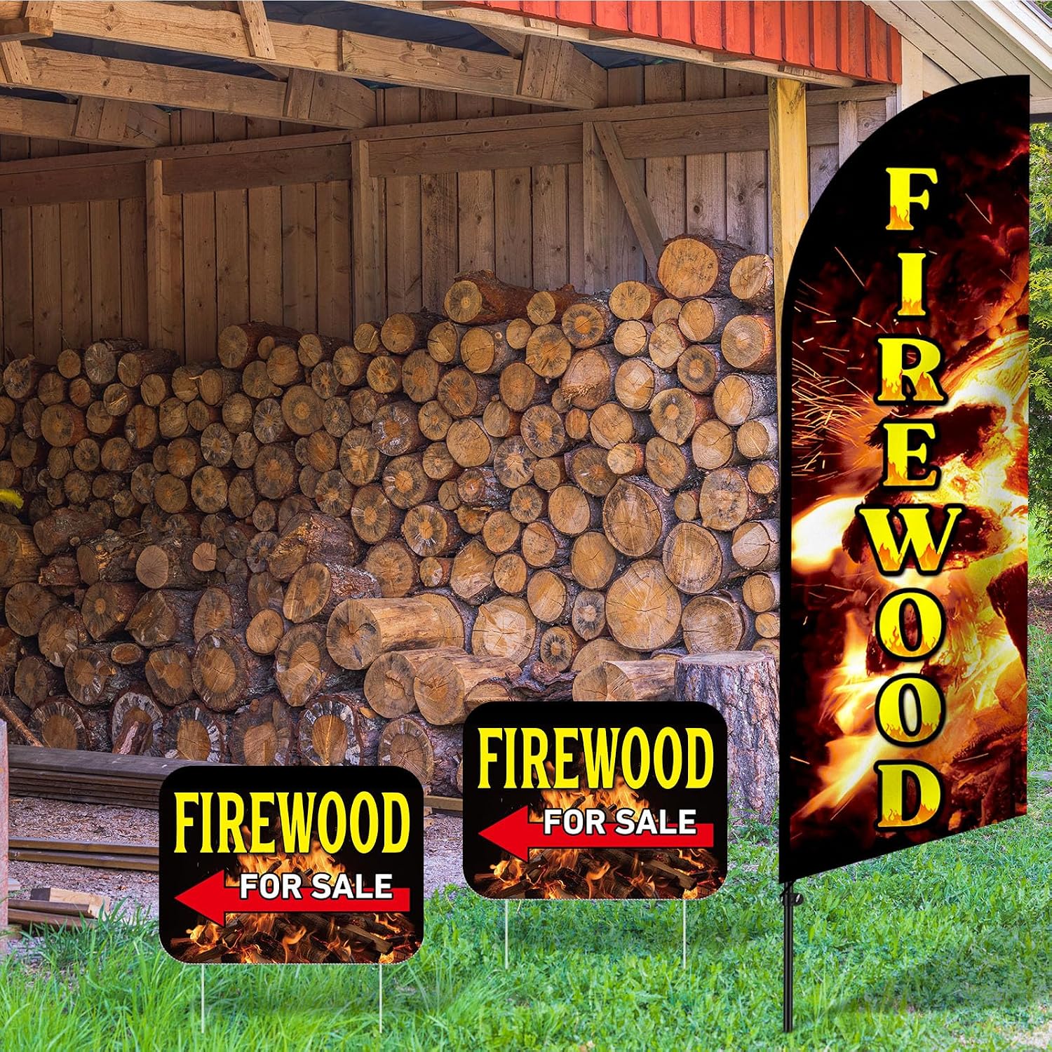 6 Pcs Firewood Feather Banner Flag Kit Firewood Sale Feather Banner for Outdoor Shop Flag Advertising with Metal Stakes and Firewoods Yard Signs for Outdoor Event Planning