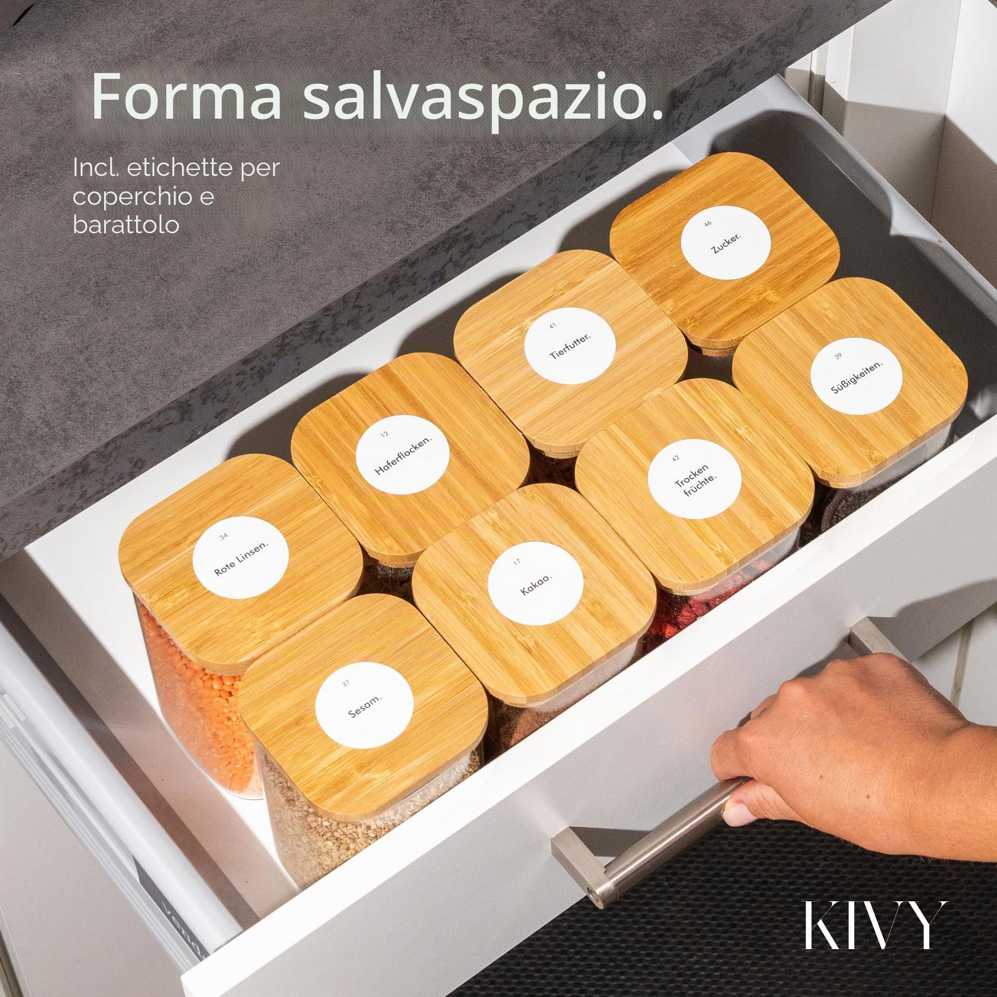 KIVY Barattoli rettangolari [set da 12 pezzi] + etichette – barattoli impilabili e ermetici con coperchio – Barattoli con coperchio ermetici – Barattoli rettangolari – Bambù