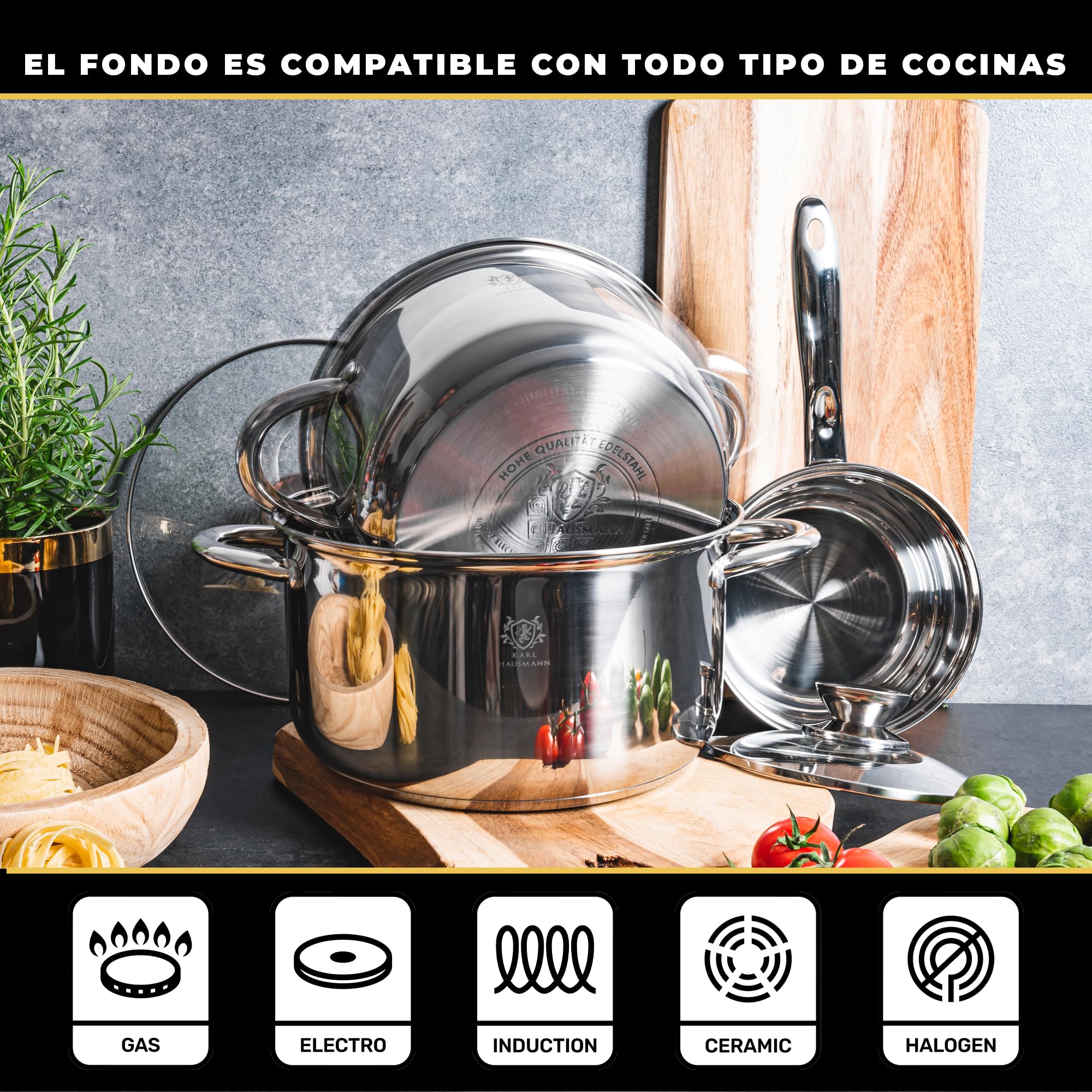 KARL HAUSMANN Bateria Cocina Acero Inoxidable con Tapa de Vidrio - 2 Ollas y 1 Cazo, Aptas para Inducción, Fondo Multicapa para Cocción Uniforme, Válidas para Todo Tipo de Cocinas