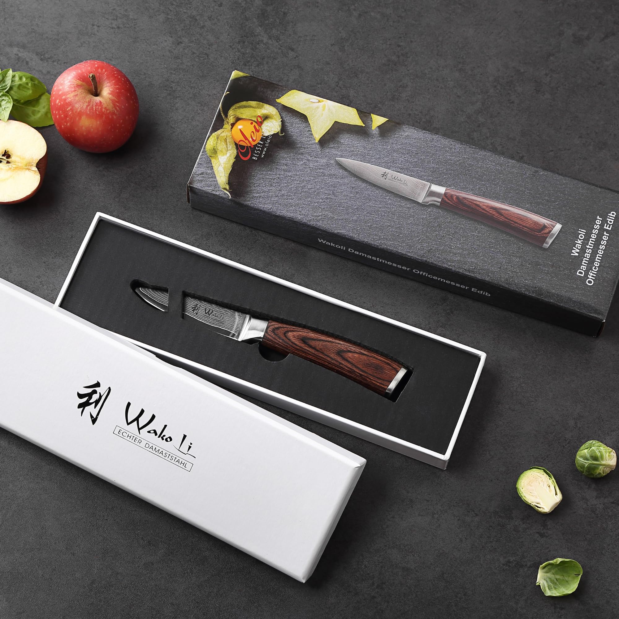 WAKOLI Edib Couteau d'office en Damas I Lame tranchante de 8,5 cm en acier damassé à 67 couches avec noyau VG10 et manche en bois de pakka I Couteau de cuisine professionnel & couteau damassé