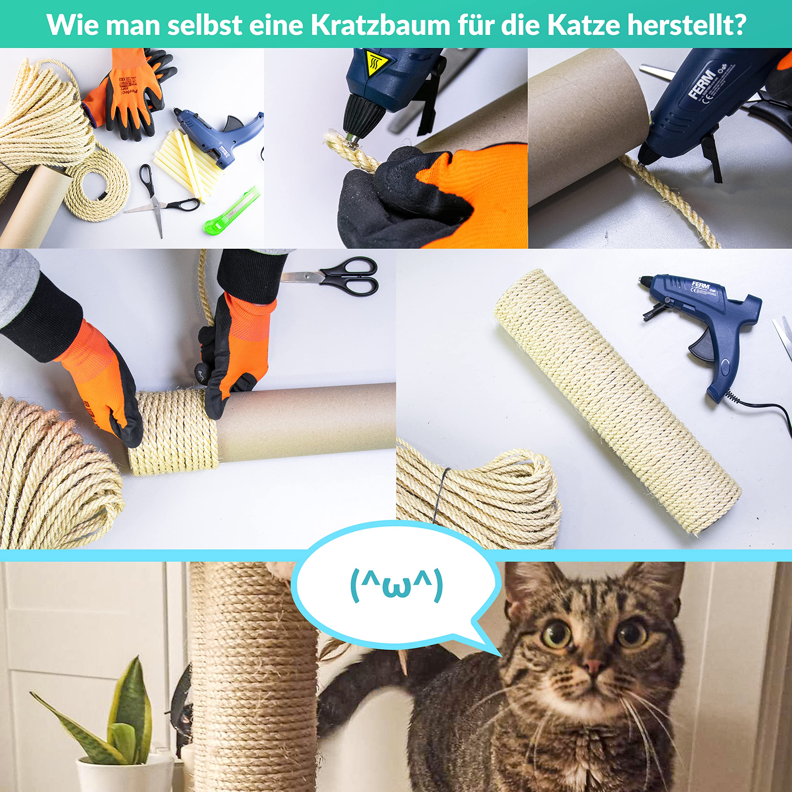 DQ-PP SISALSEIL | 50 m | 10 mm stark | Natürliches Sisal Seil für Kratzbaum Katzenbaum | Kratzseil DIY Fuer Katzen Ersatzteile