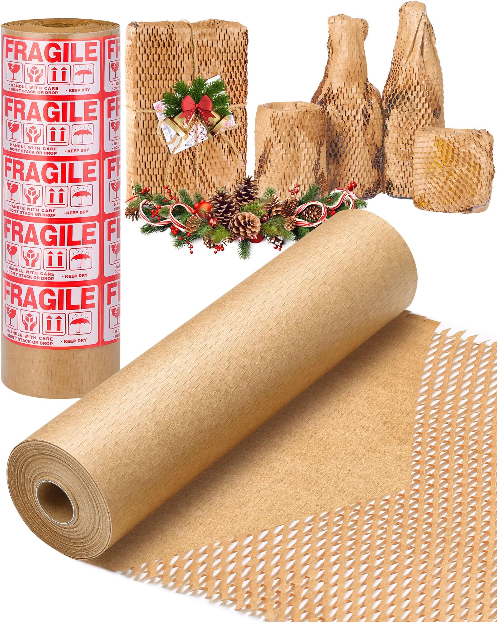 Honeycomb Packing Paper, 12" x 400" (34ft) Eco-Friendly Packing Paper, Cushion Packing Paper, Used for Moving and Protecting Mobile Supplies, Can Replace Plastic, with 12 Fragile Stickers