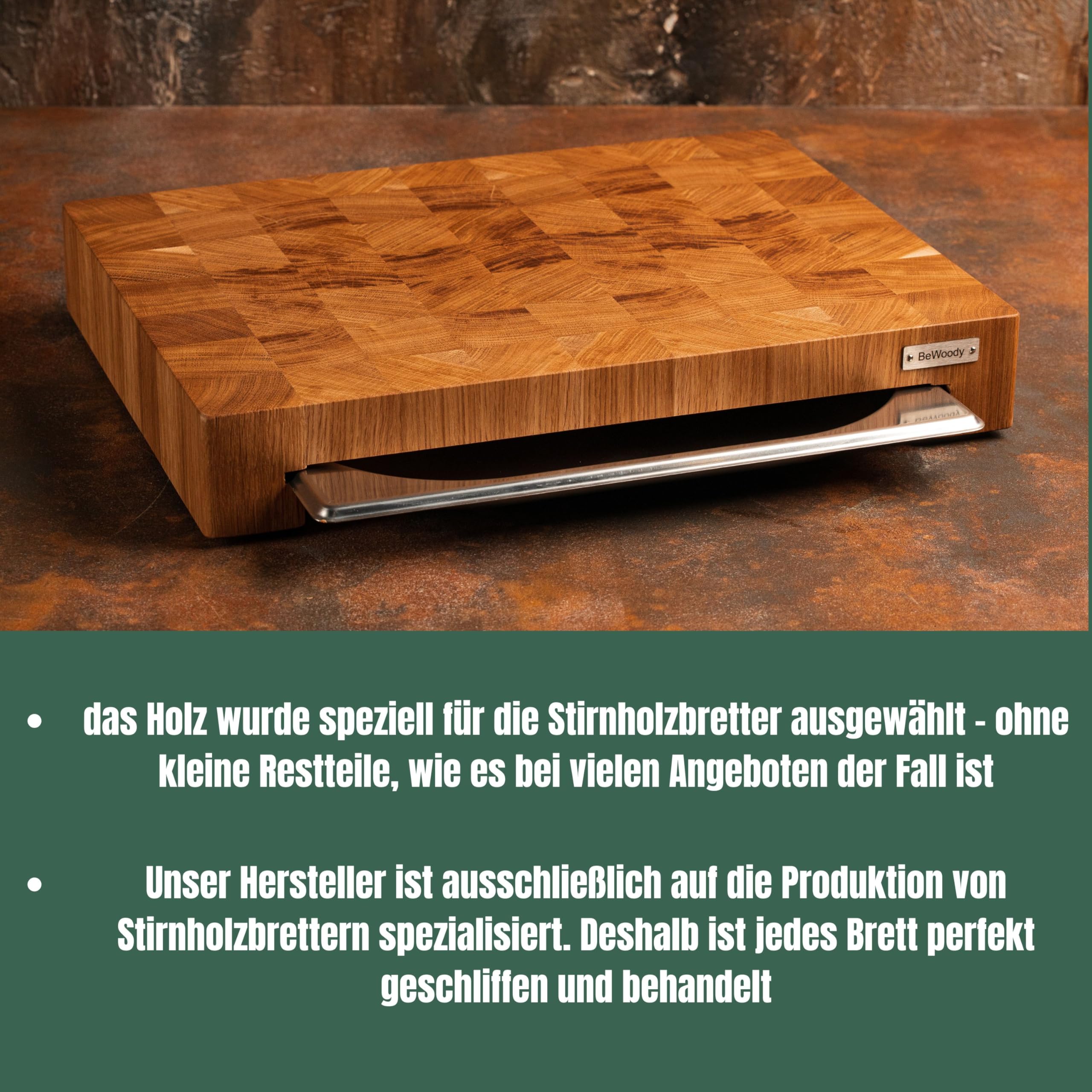 Premium Schneidebrett aus Stirnholz Eiche 40×30×5,5 cm – mit Edelstahlschublade 1,3 L | Küchenbrett massiv & rutschfest | Hackblock Holz Schneidebrett professionell geölt – Geschenkidee