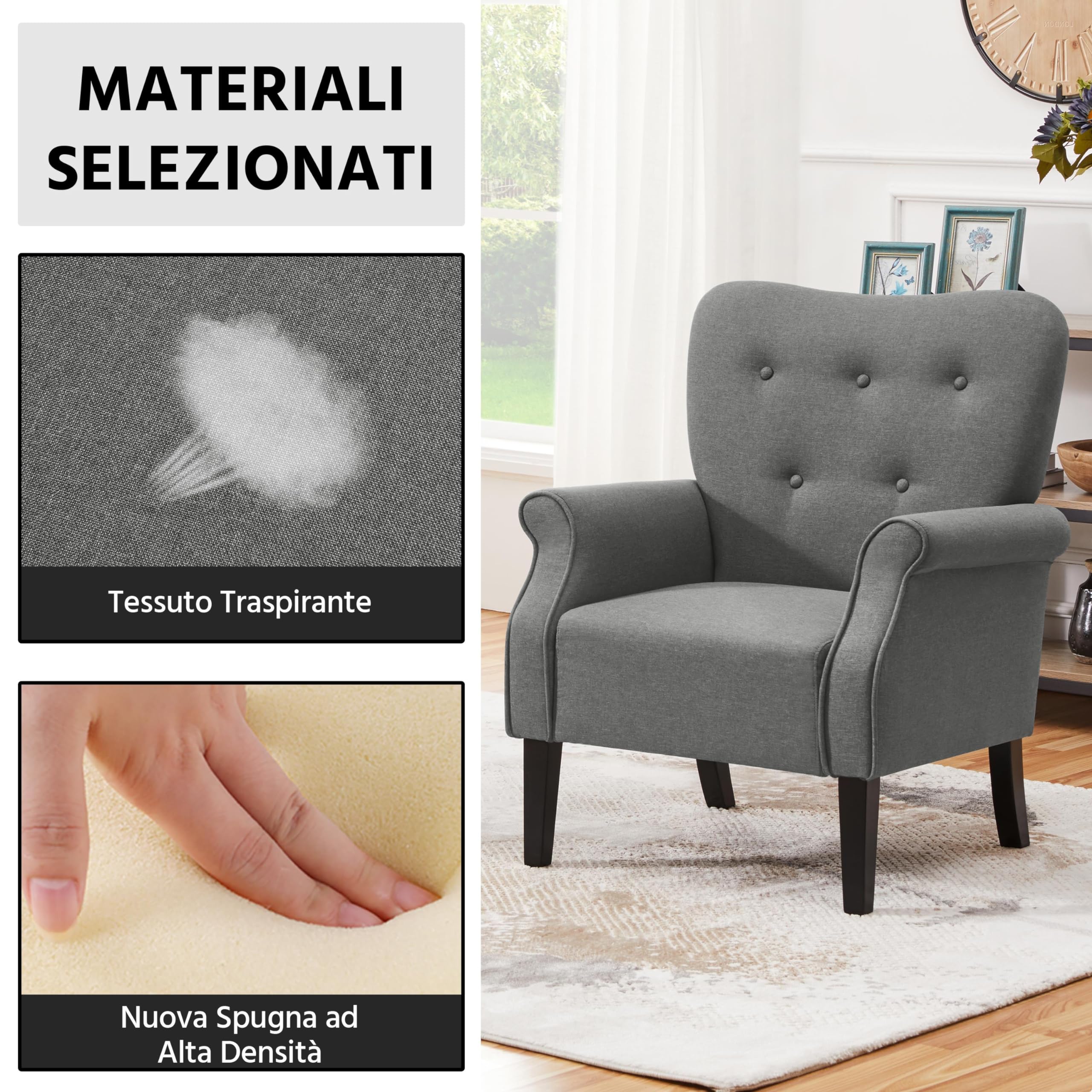 Yaheetech Poltrona da Salotto Moderna di Medioevo Divano Singolo per Soggiorno Gamba in Legno Poltrocina con Schienale Imbottito Grigio Scuro/Tessuto