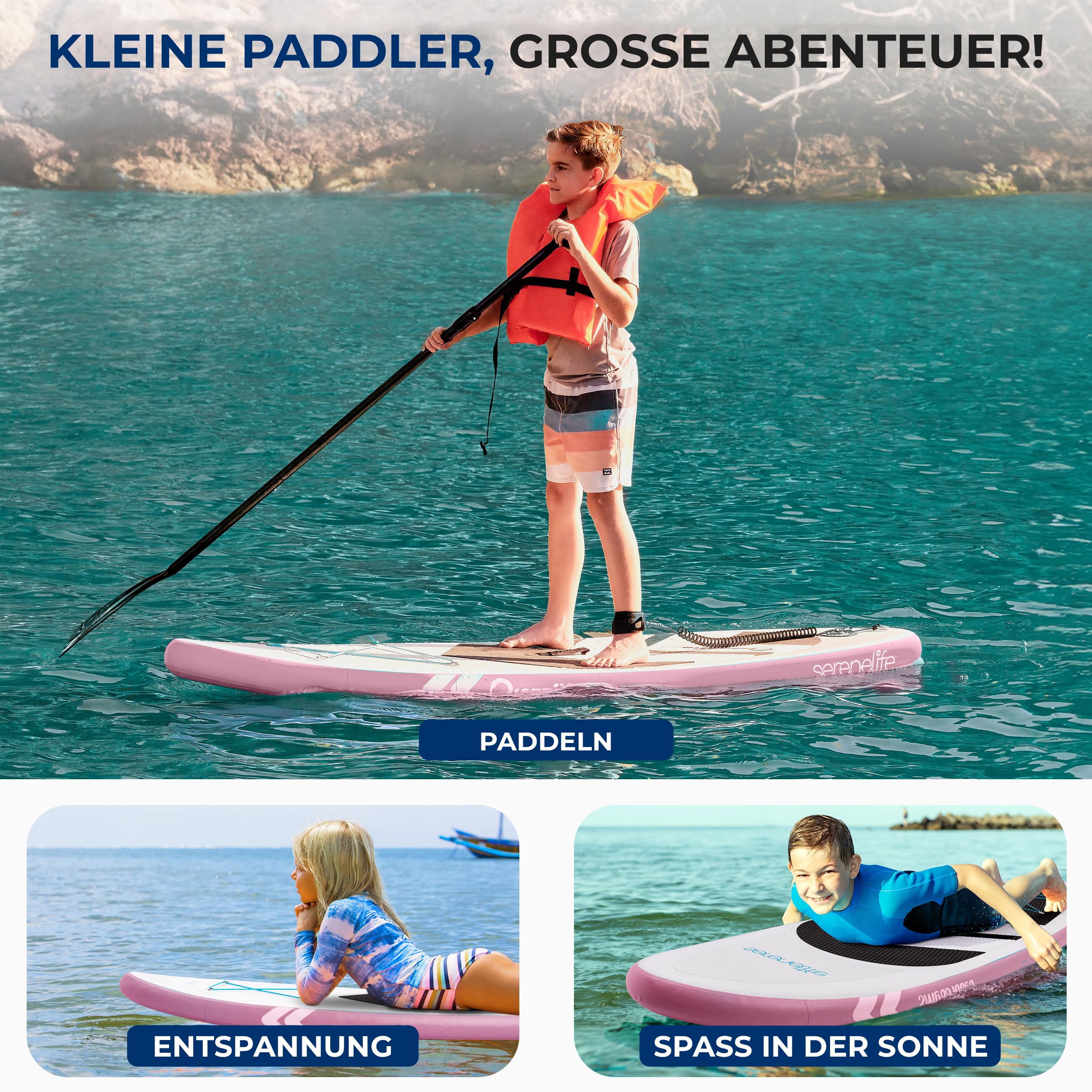 SereneLife Kinder SUP Board Aufblasbar Set – Stand Up Paddling Board mit Zubehör, rutschfestem Eva-Deck für See, Fluss, Freizeit und Touring