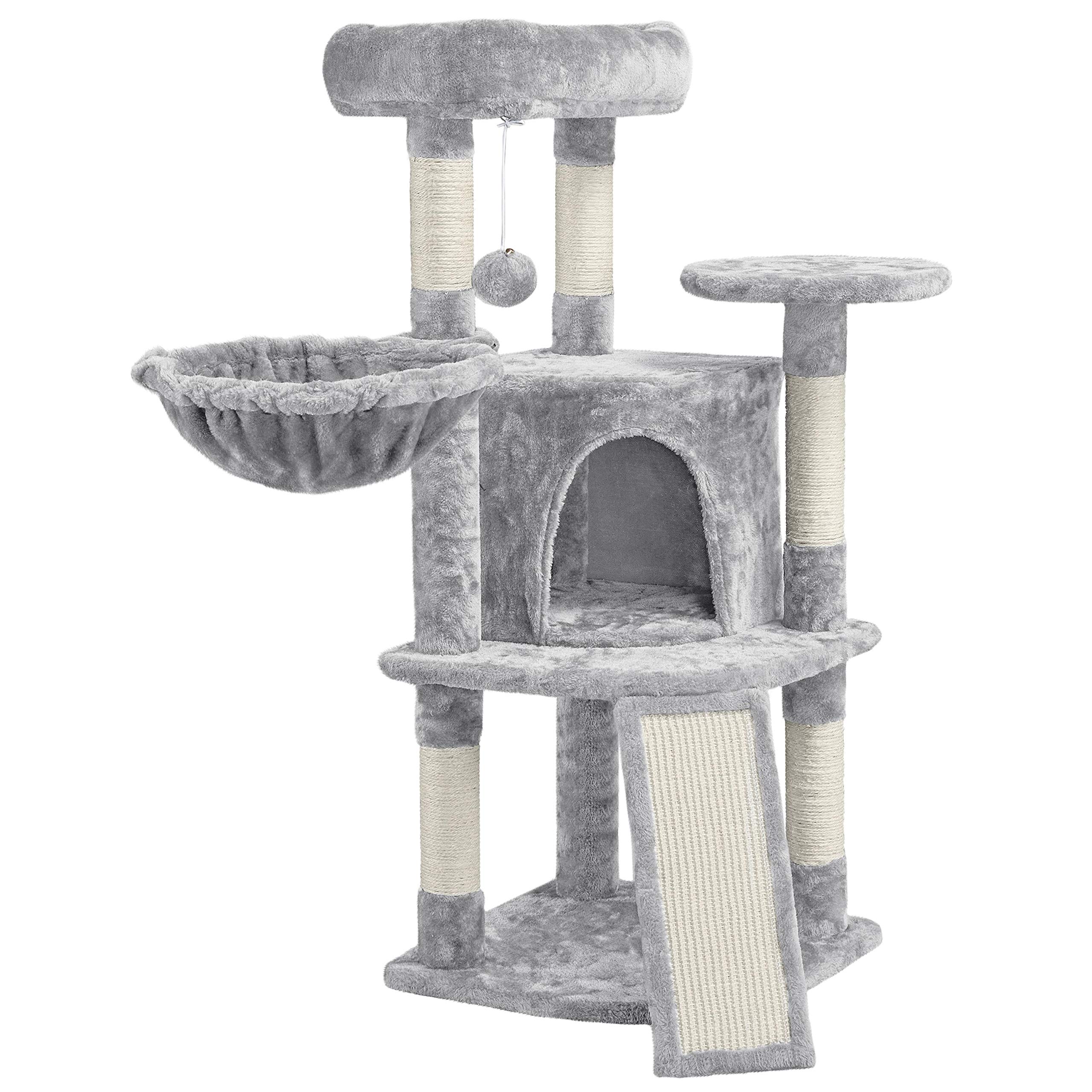 Yaheetech Albero Tiragraffi per Gatti con Ampio Trespolo Grande Cesto e Grotta, Rampetta Graffiatoio e Pali in Sisal, 43,5 x 43,5 x 106 cm, Grigio Chiaro