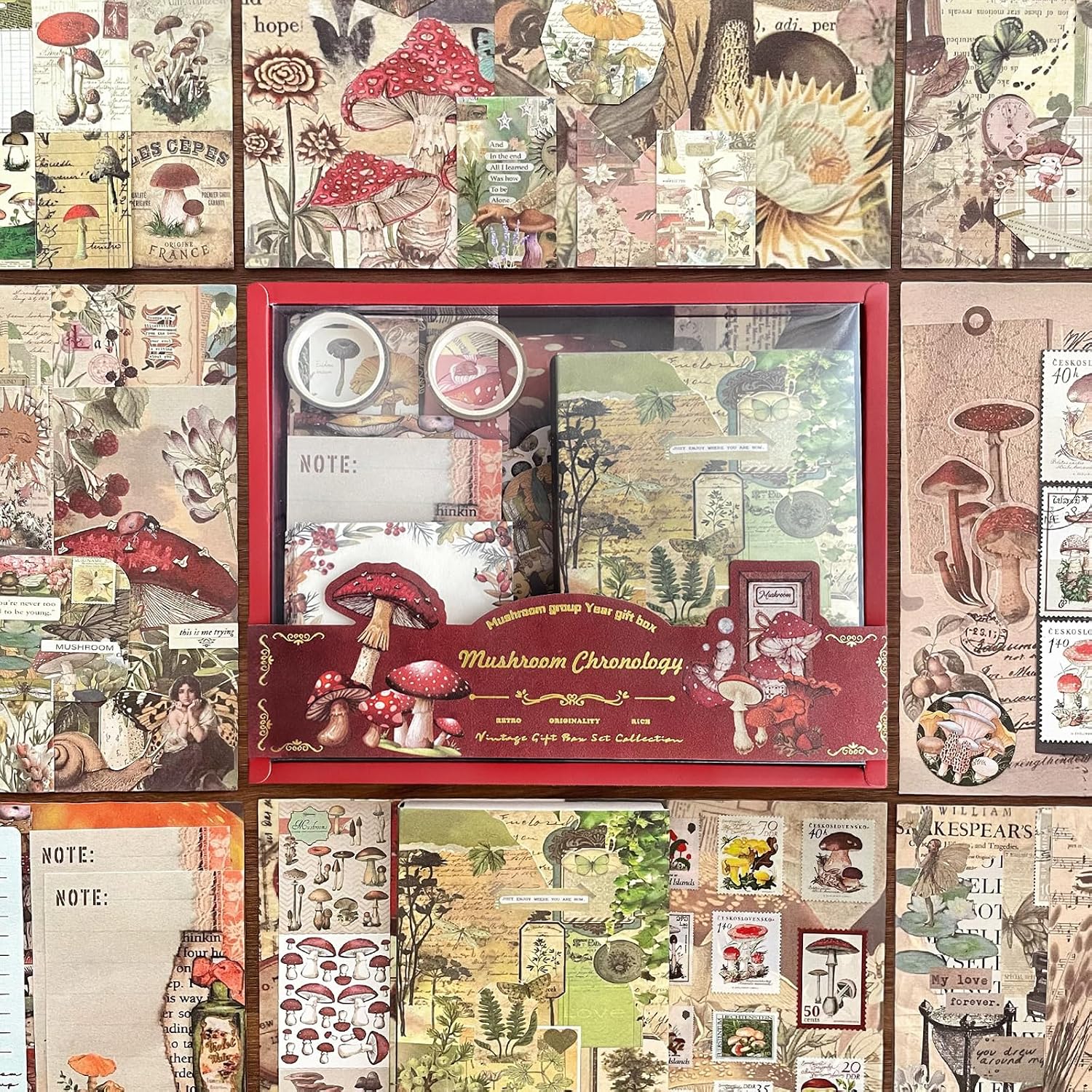 BoomTeck Vintage Scrapbooking Kit – Aesthetic Junk Journal Supplies with Scrapbook Paper, Washi Stickers, A6 Grid Notebook, DIY Craft Journaling Gift Set for Teens & Adults (Mushroom Theme)