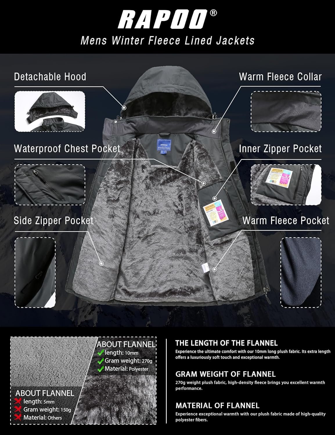 Rapoo Men's Winter Ski Snow Jacket Mountain Waterproof Windproof Rain Jacket - Image 3