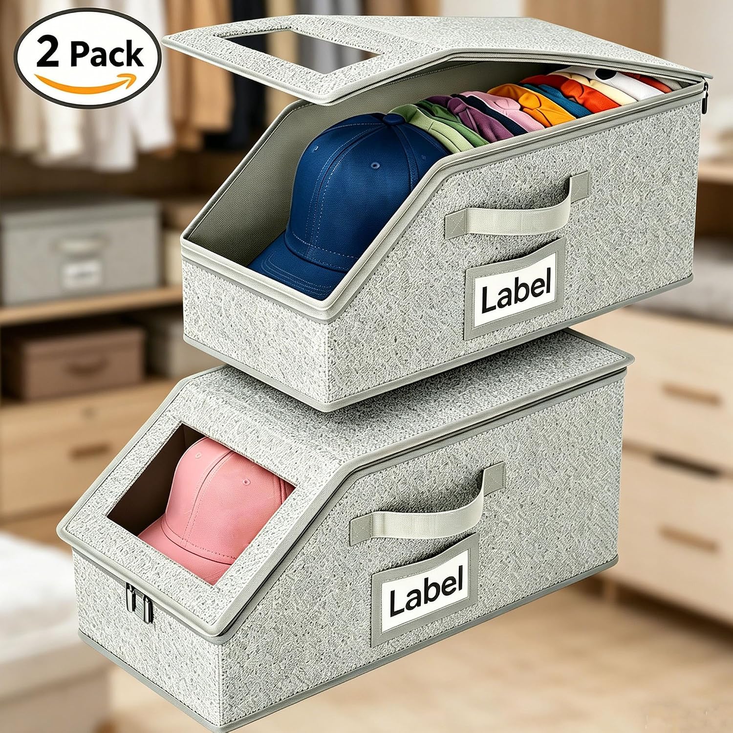 2 Pack Baseball Caps Storage Box,Ball Hats Organizer,16.1''L*8.6''W*6.7''H