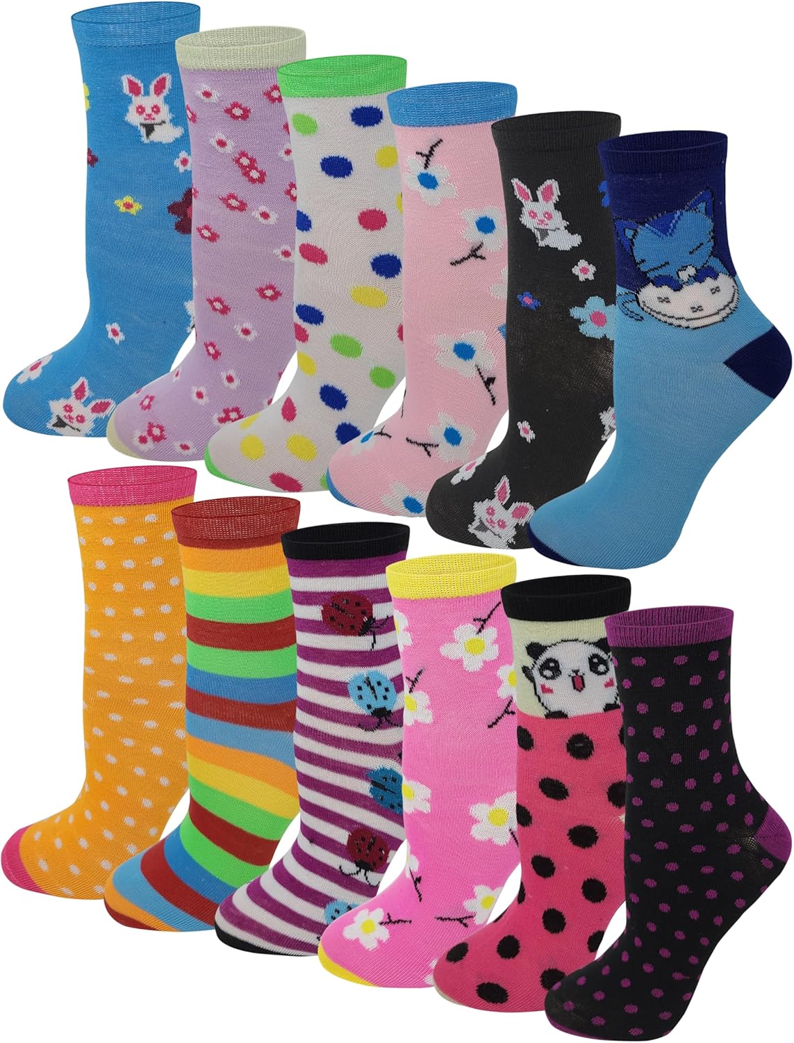 Different Touch 12 Pairs Pack Kids Girls Colorful Creative Fun Novelty Design Crew Socks