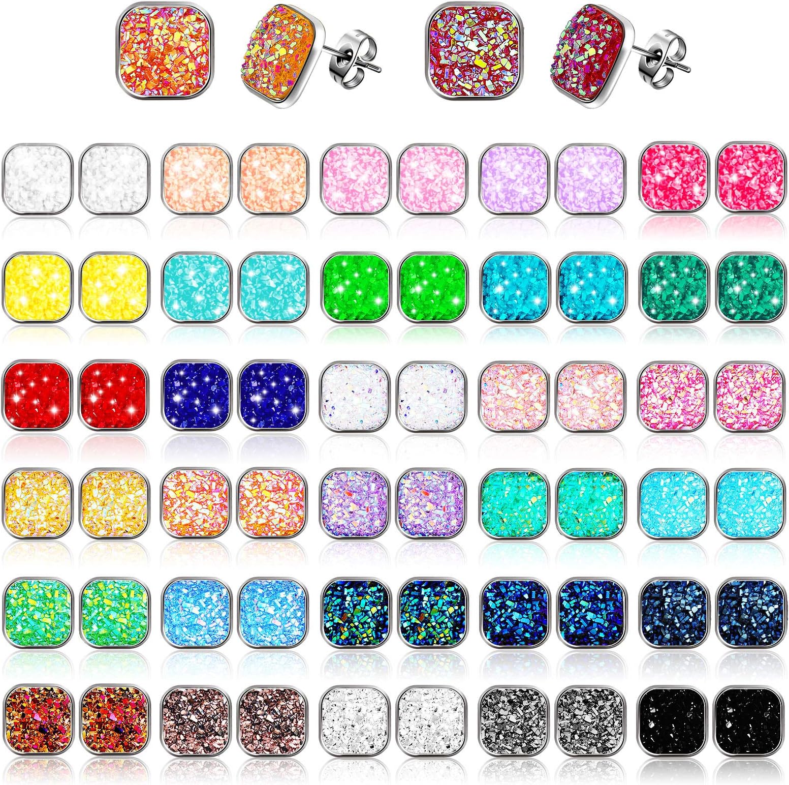Hicarer32 Pairs Faux Druzy Stud Earrings Stainless Steel Druzy Stud Earrings Glitter Pierced Earrings for Women Girls (Square Shape)