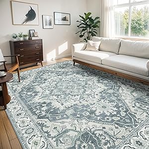 Deerly Large Washable Living Room Rugs 9x12 Boho Vintage Area Rug Indoor Bedroom Carpet with Non Slip Rubber Backing for Under Dining Table Office Farmhouse, Canal Blue/Multi